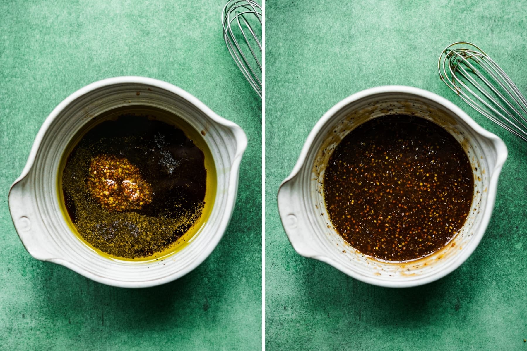 before and after whisking together ingredients for whole grain mustard balsamic vinaigrette.