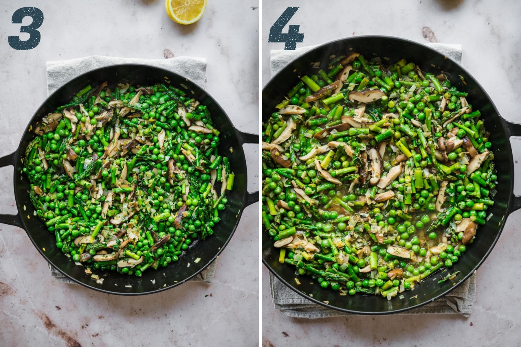 before and after adding broth, lemon juice and white wine to sautéed asparagus, peas and mushrooms in a large cast iron skillet. 