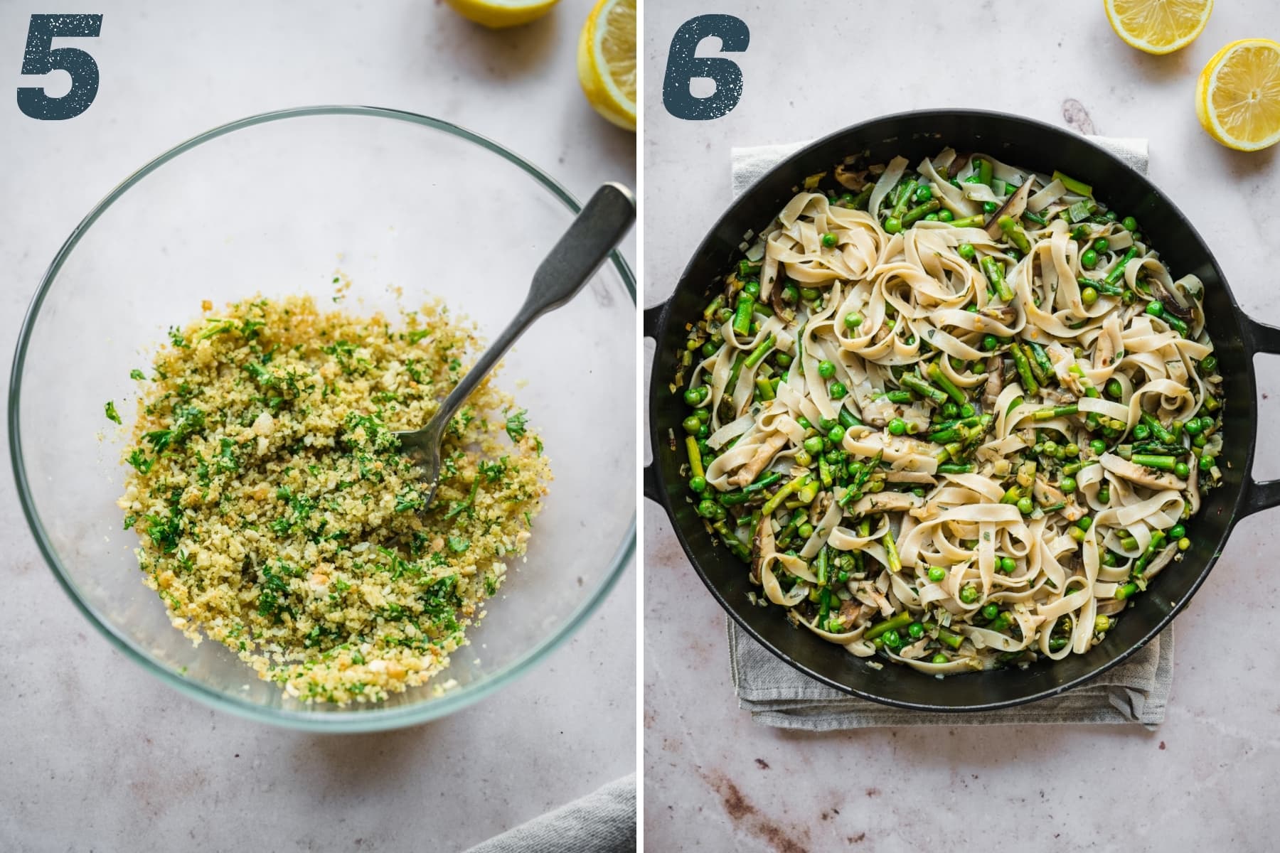 on the left: breadcrumbs in a small mixing bowl. On the right: spring vegetable pasta in a cast iron skillet. 