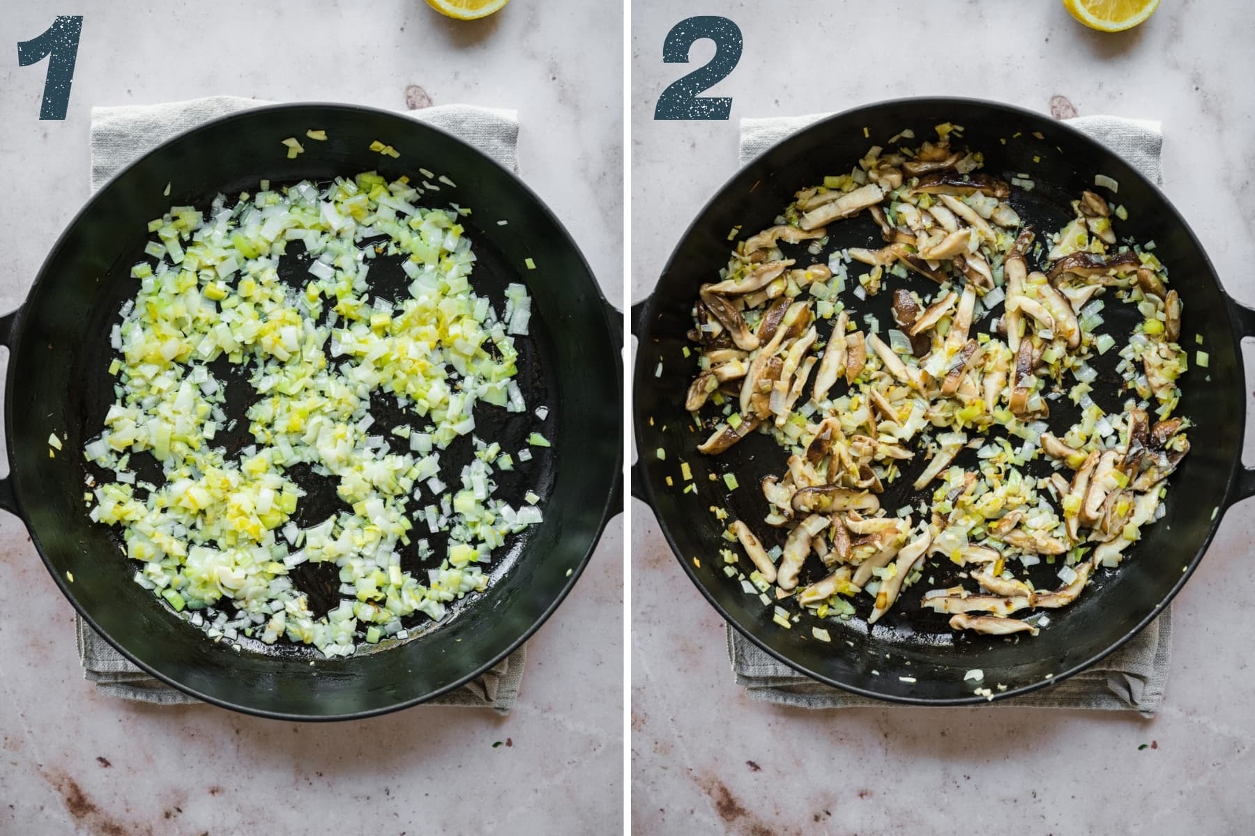 before and after adding mushrooms to sautéed leeks and garlic in a large cast iron skillet. 
