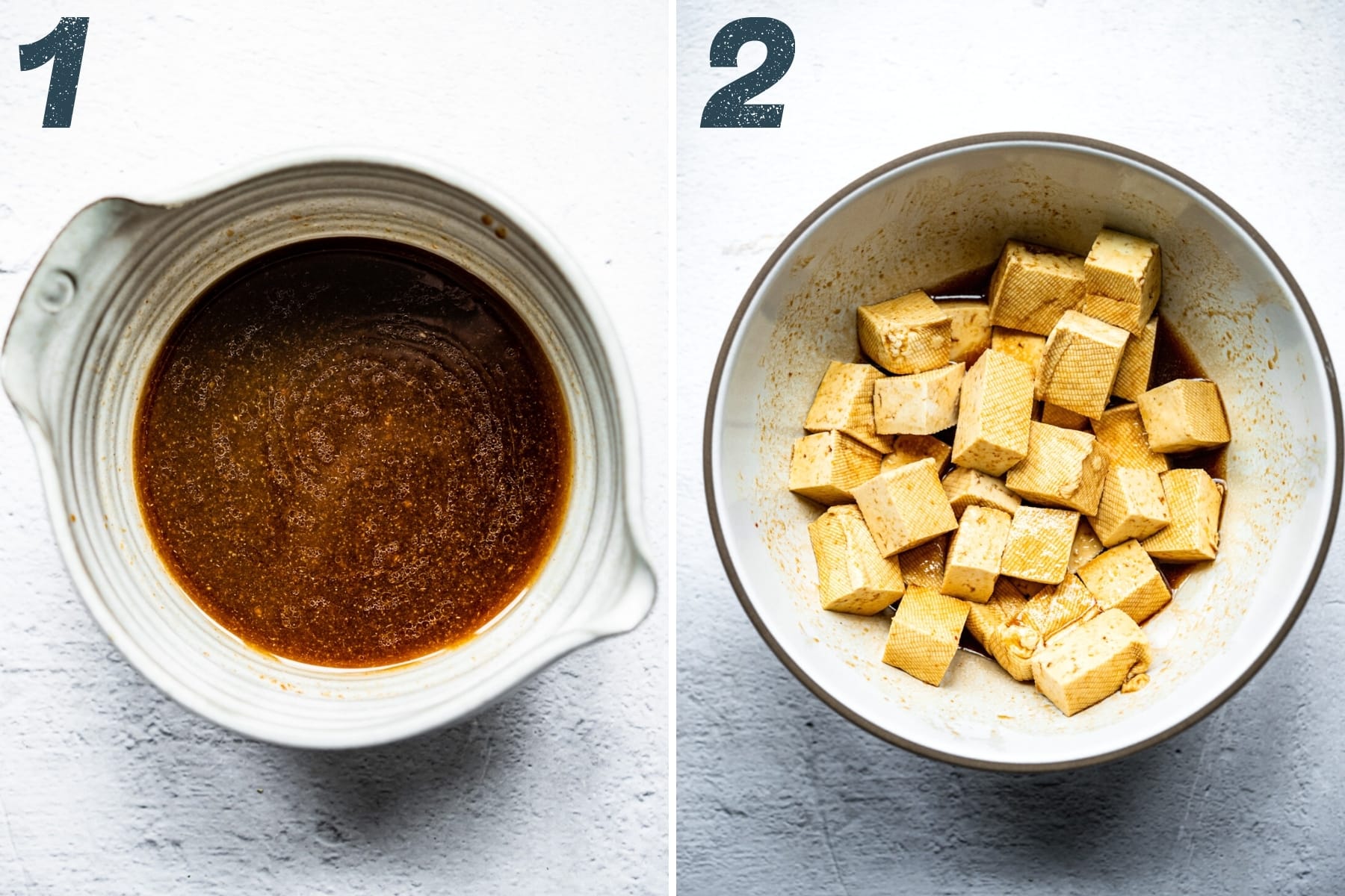 on the left: marinade for tofu in a bowl. on the right: cubed tofu tossed in marinade in a bowl.