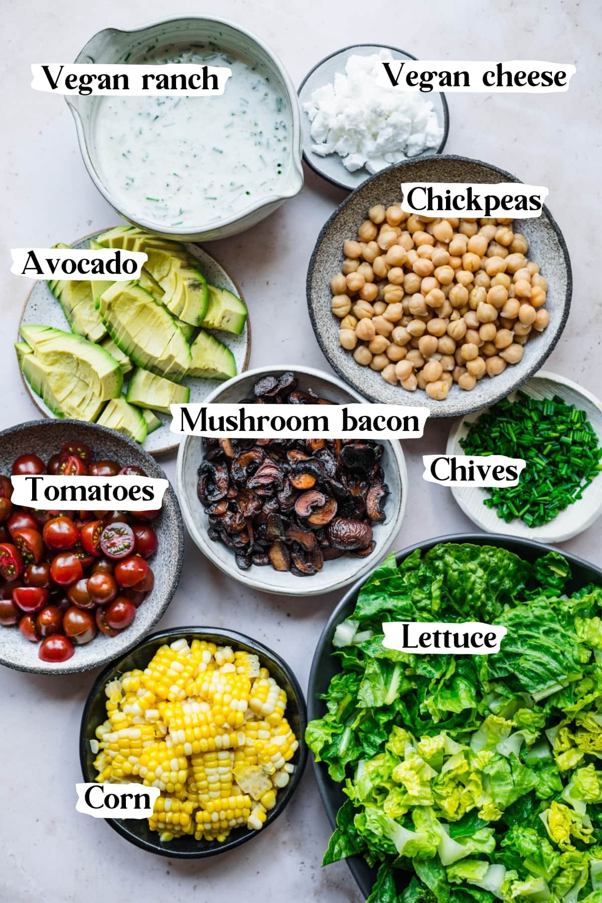 overhead view of ingredients for vegan cobb salad. 