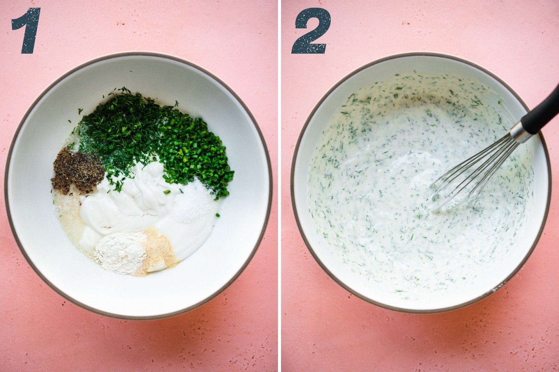 before and after whisking together ingredients for vegan ranch dip in mixing bowl. 