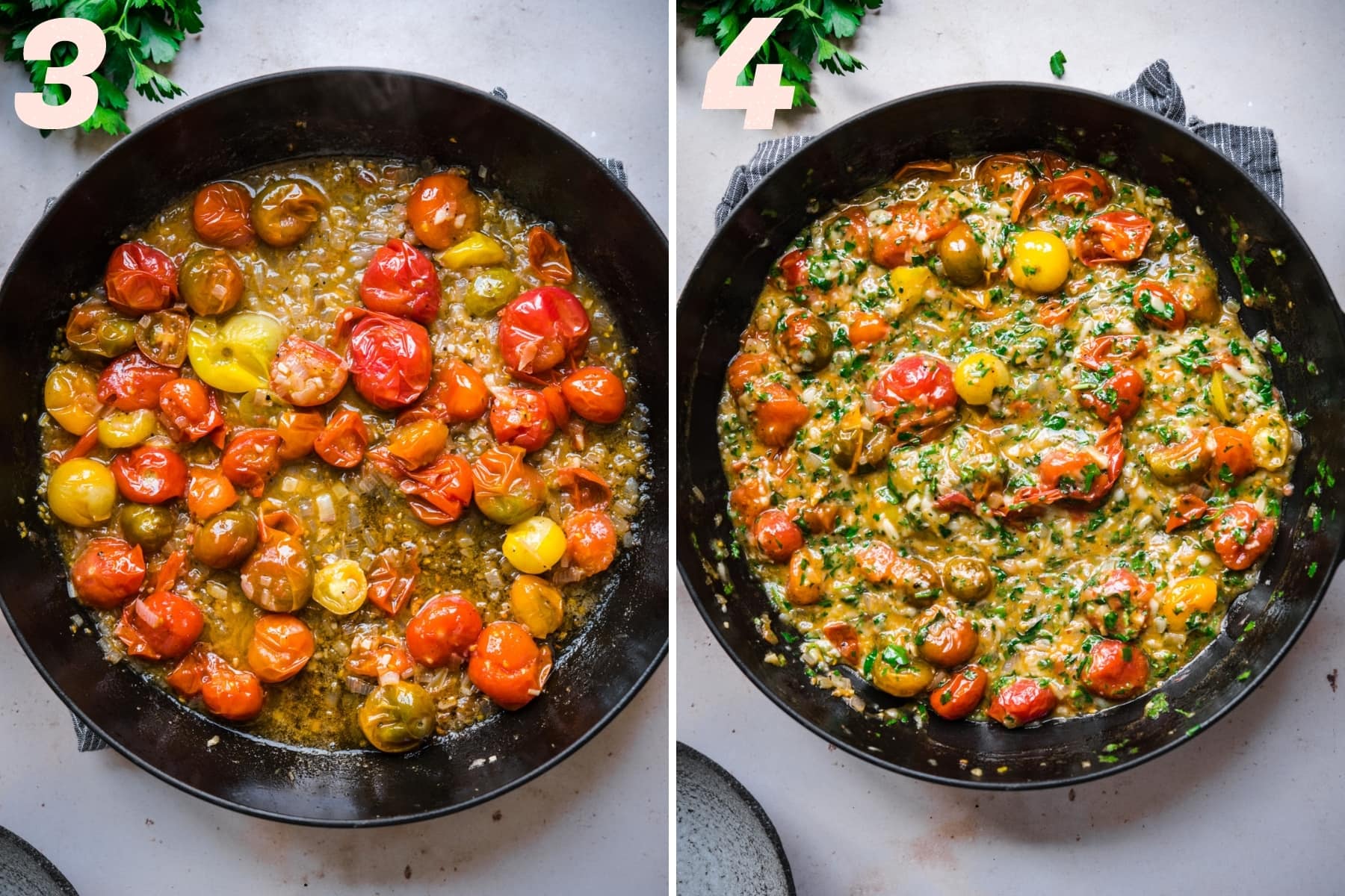 before and after adding cheese and herbs to burst cherry tomato pasta sauce. 