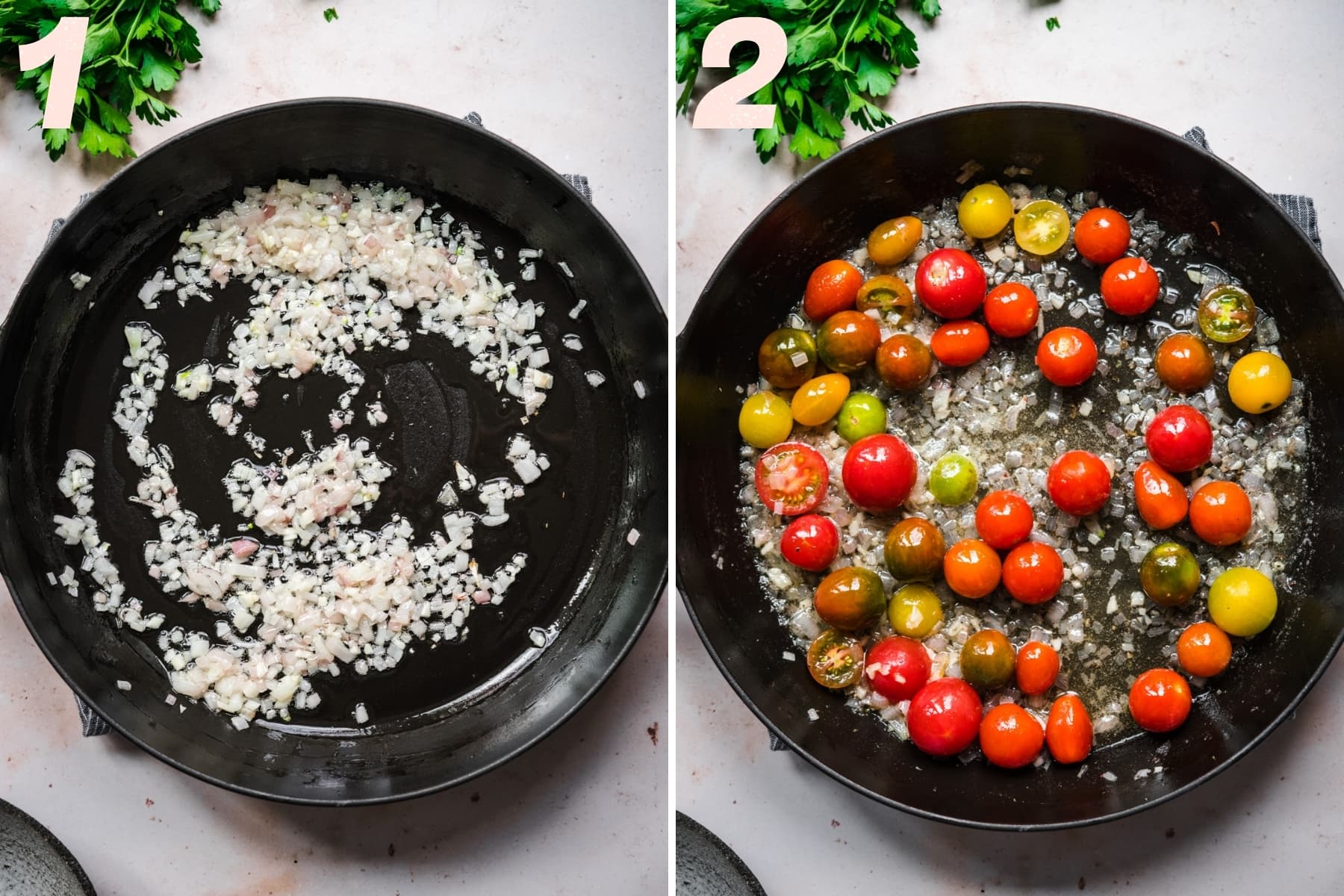 before and after adding whole cherry tomatoes to sautéed garlic and shallots in skillet. 