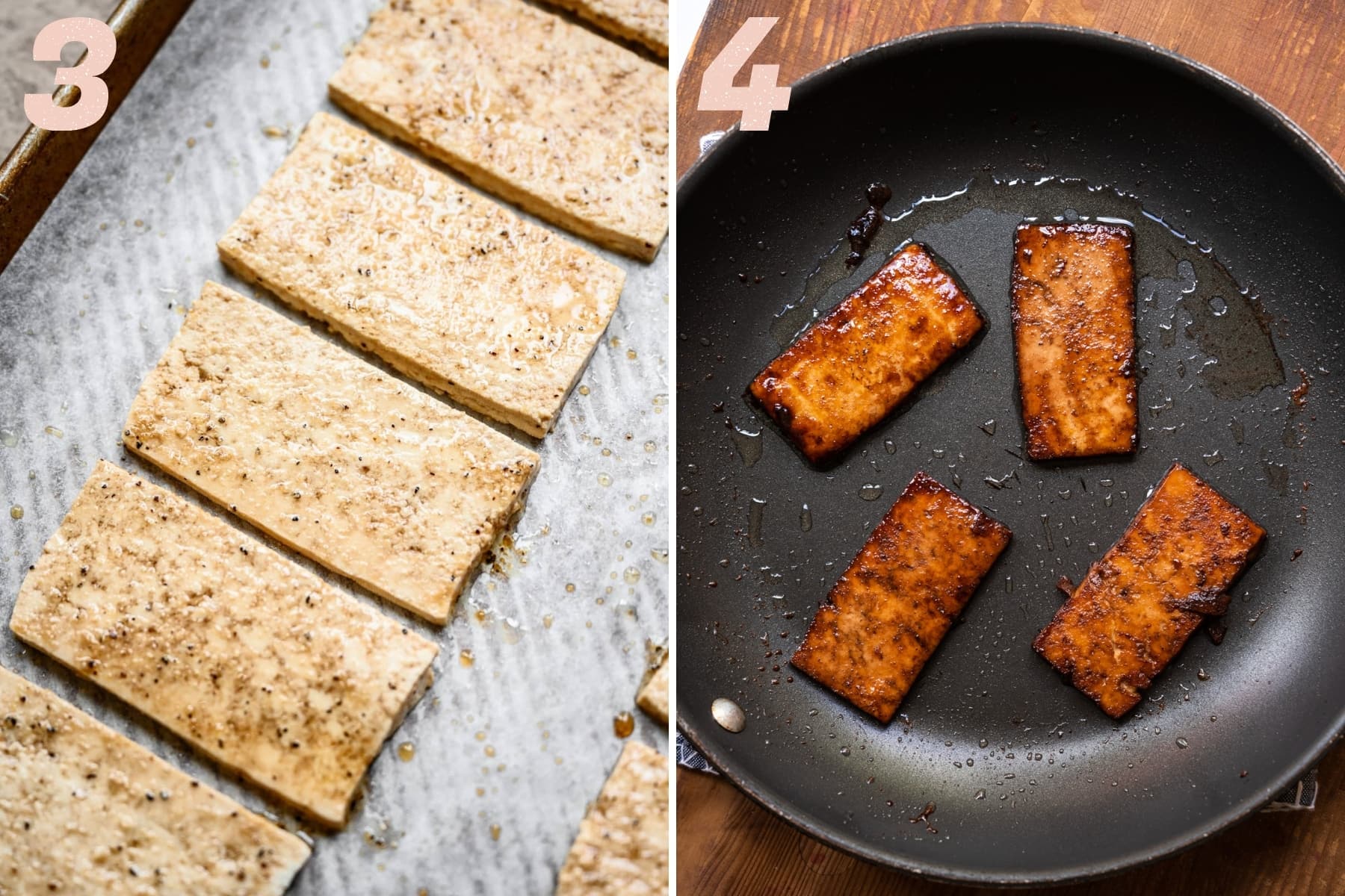 tofu bacon before and after browning in a skillet. 