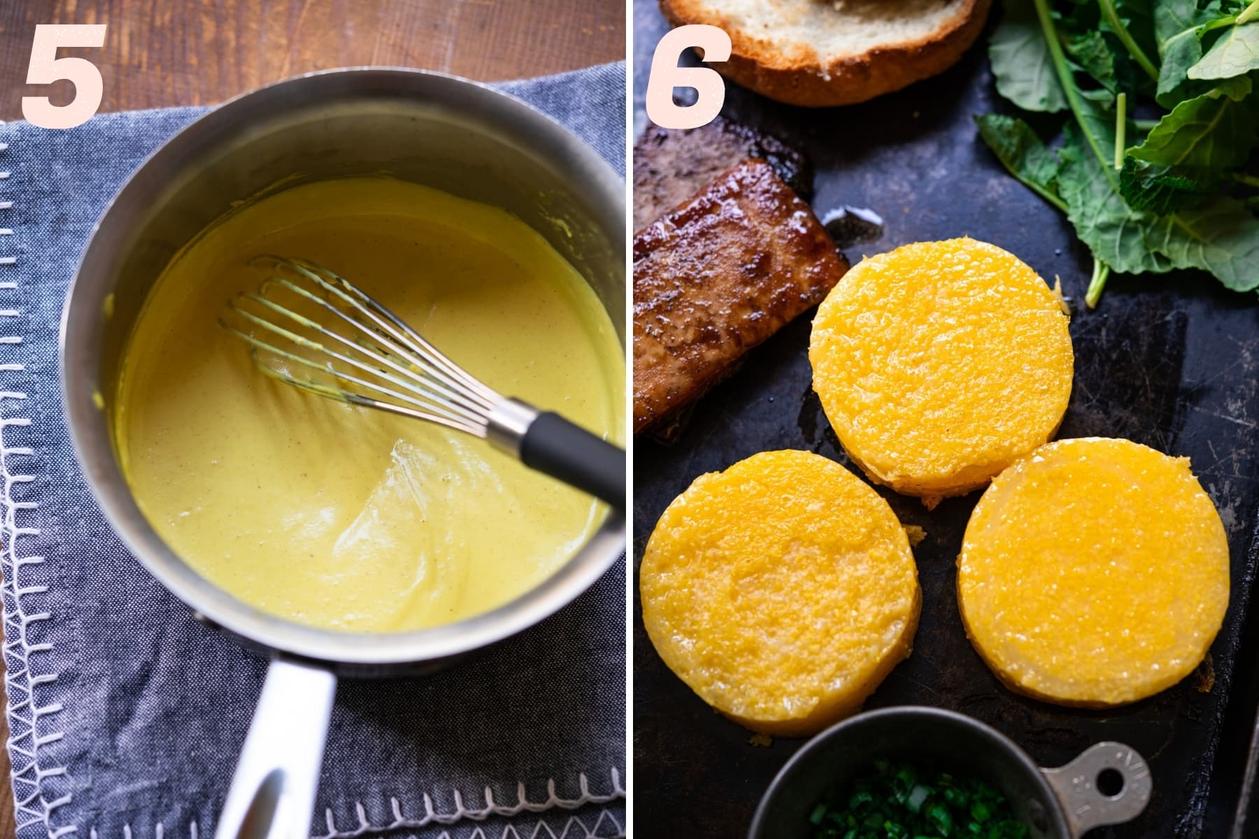 on the left: vegan hollandaise sauce in a pot. on the right: sautéed polenta rounds. 