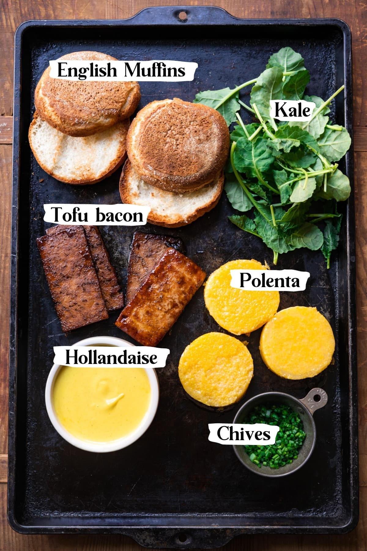 overhead view of ingredients for vegan eggs benedict. 