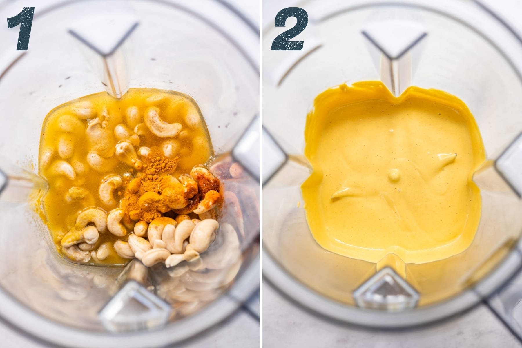 before and after blending ingredients for vegan hollandaise sauce. 