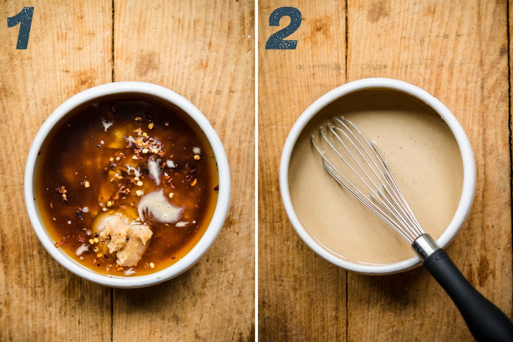 before and after whisking together ingredients for miso tahini dressing. 