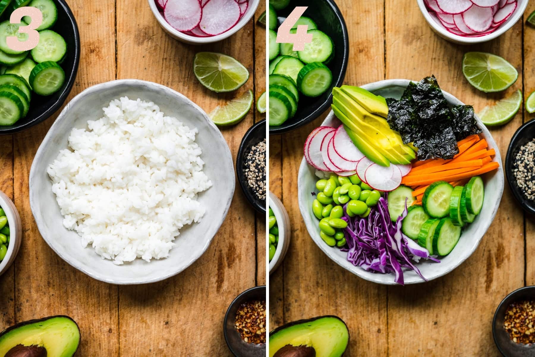 before and after adding vegetables to vegan sushi bowl. 