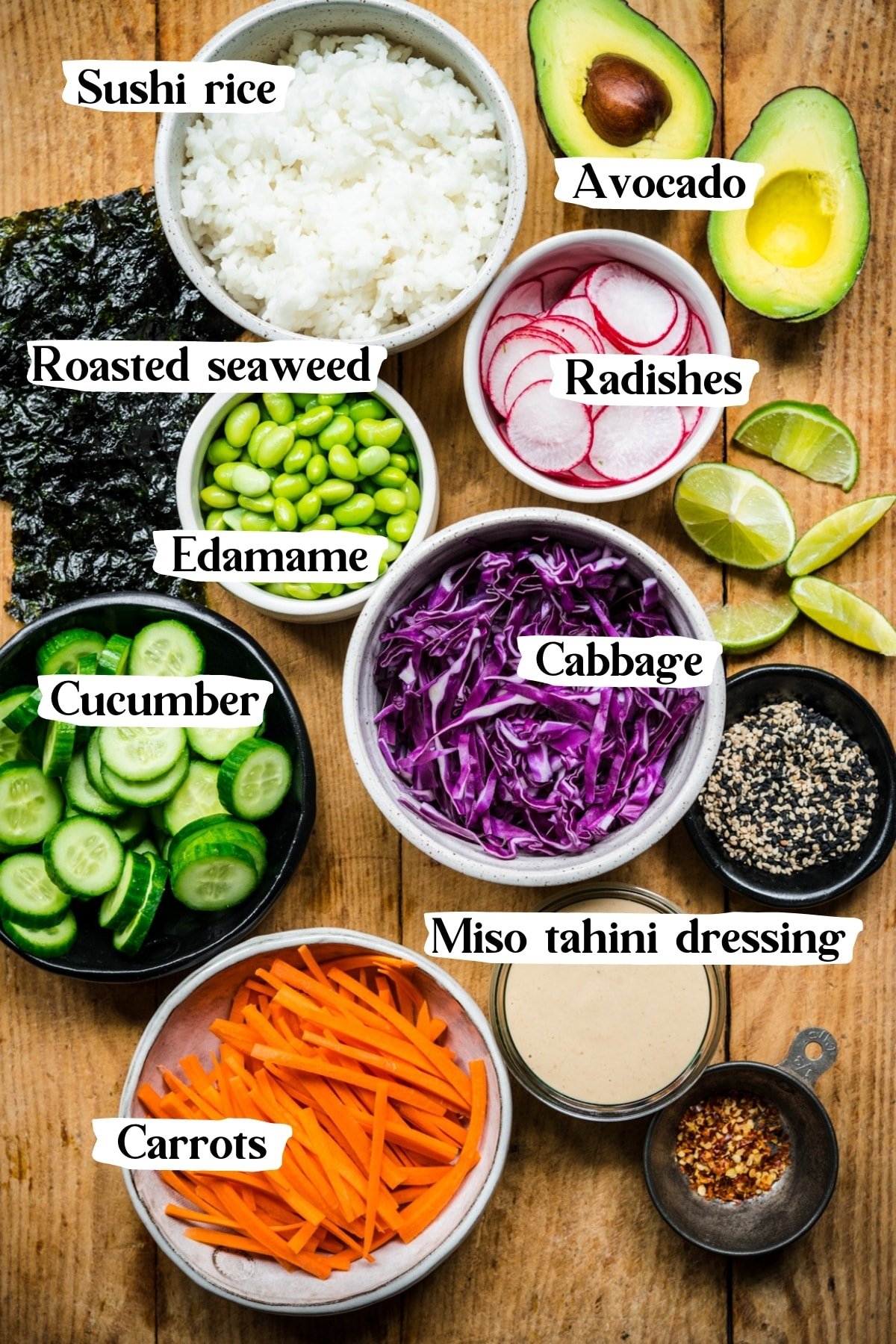 overhead view of ingredients for vegan sushi bowls. 