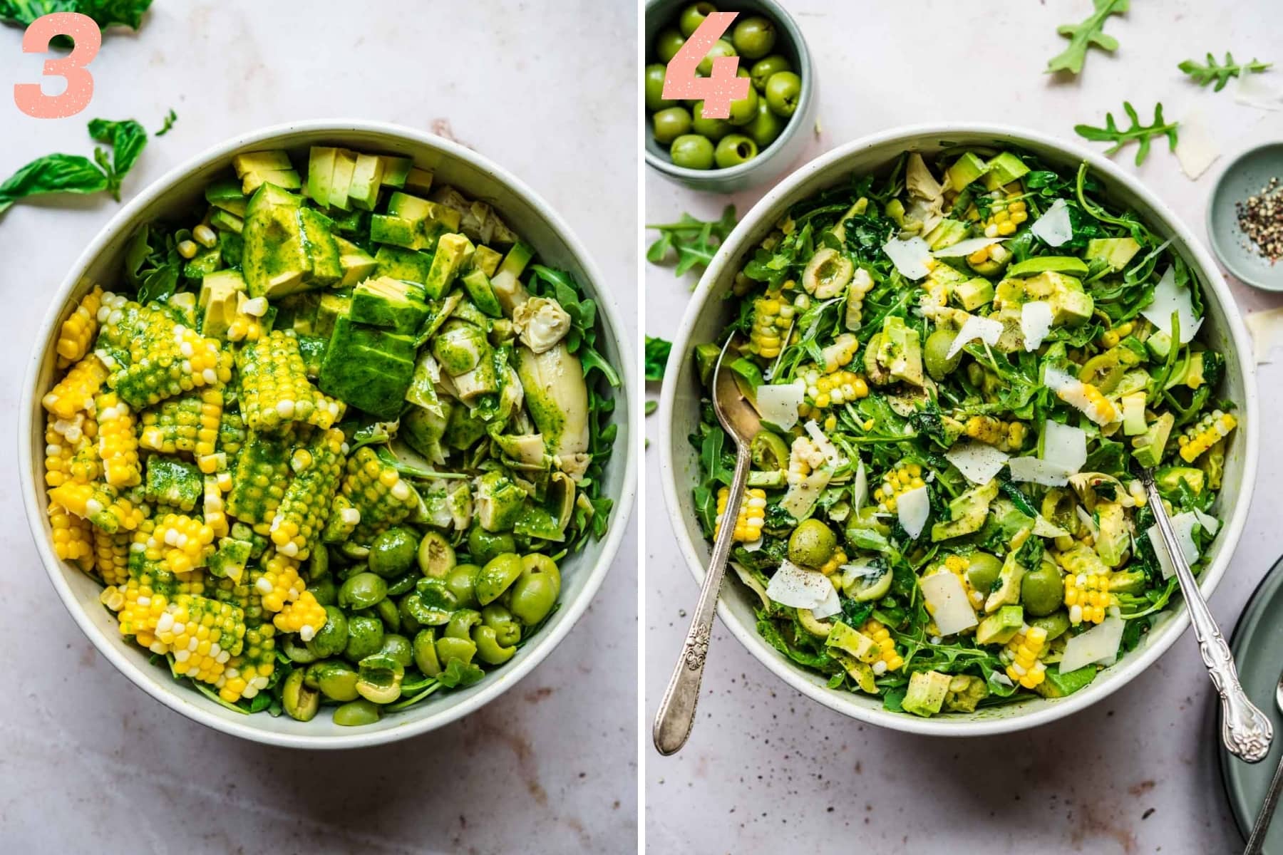before and after tossing together ingredients for corn avocado arugula salad in large bowl. 
