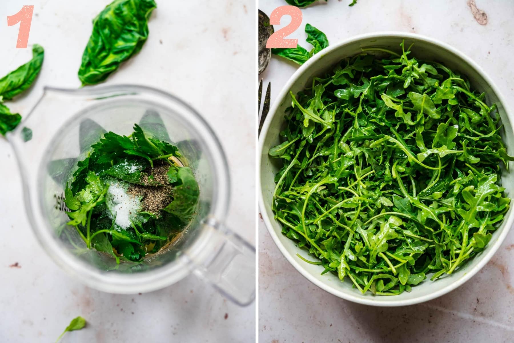 on the left: ingredients in blender to make basil vinaigrette. on the right: dressed arugula in large salad bowl.