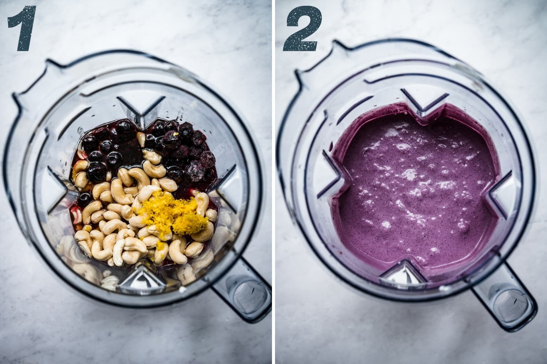 before and after blending ingredients for vegan blueberry lemon ice cream in blender. 