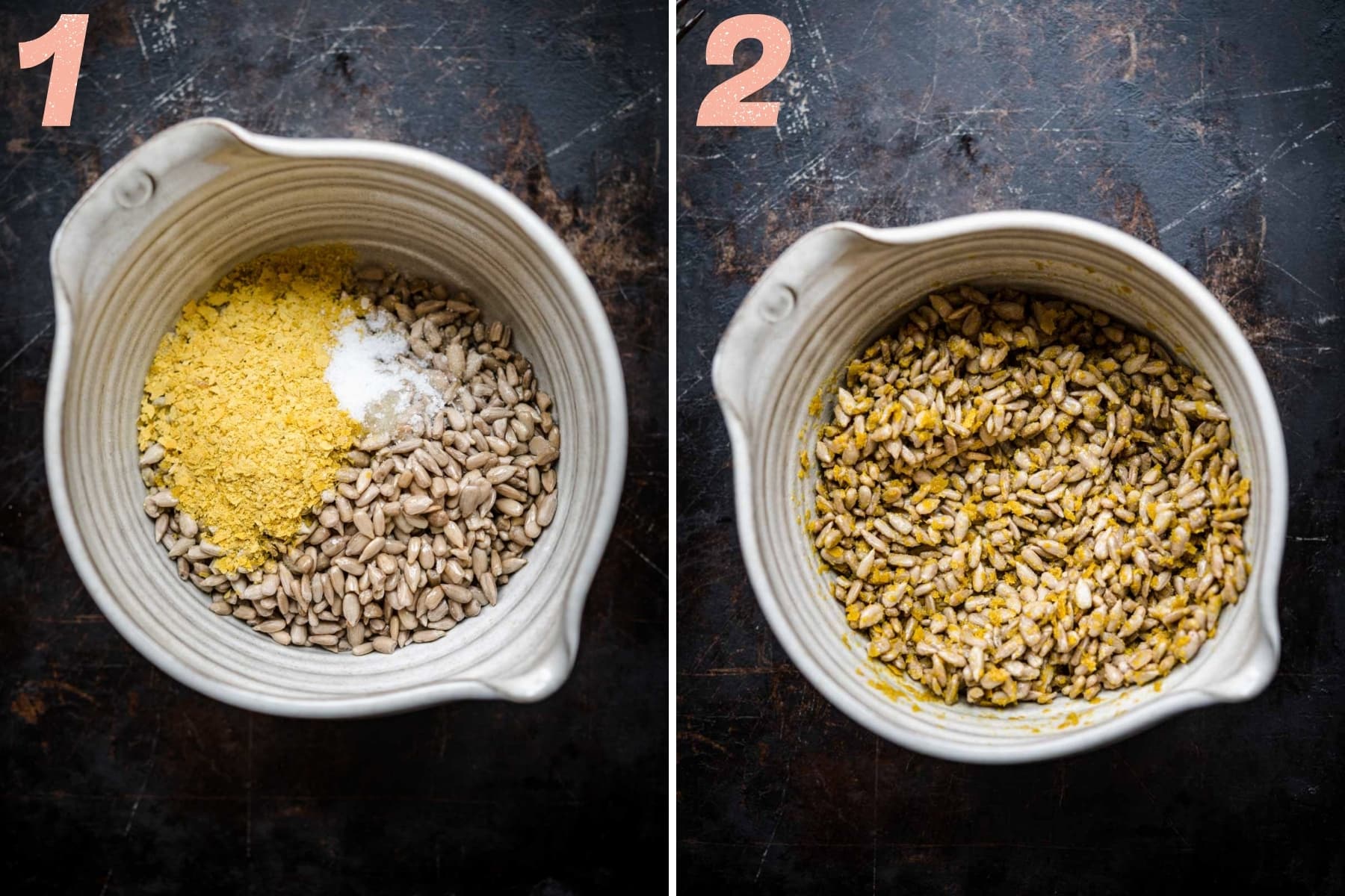 before and after stirring together ingredients for cheesy vegan sunflower seeds in small bowl.