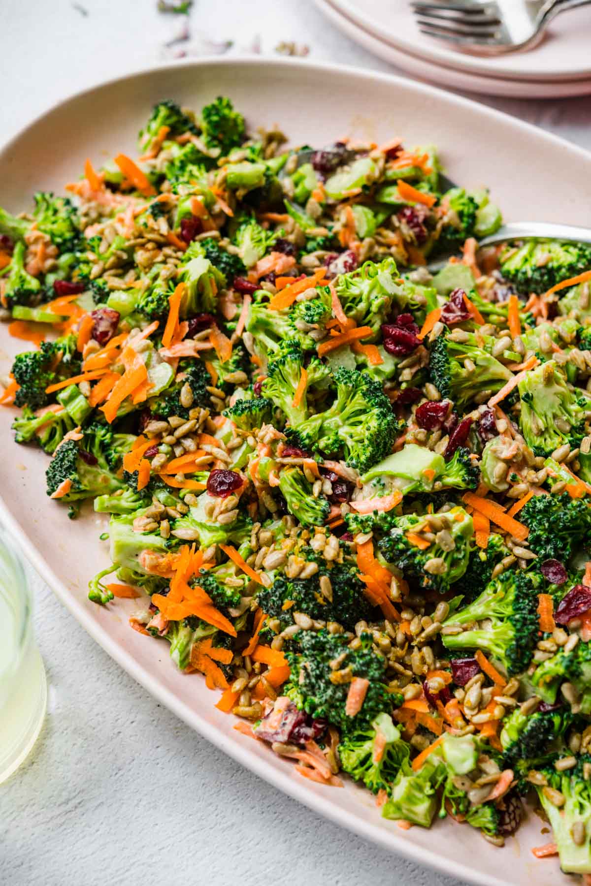 close up side view of vegan broccoli salad with cranberries and sunflower seeds on light pink platter.