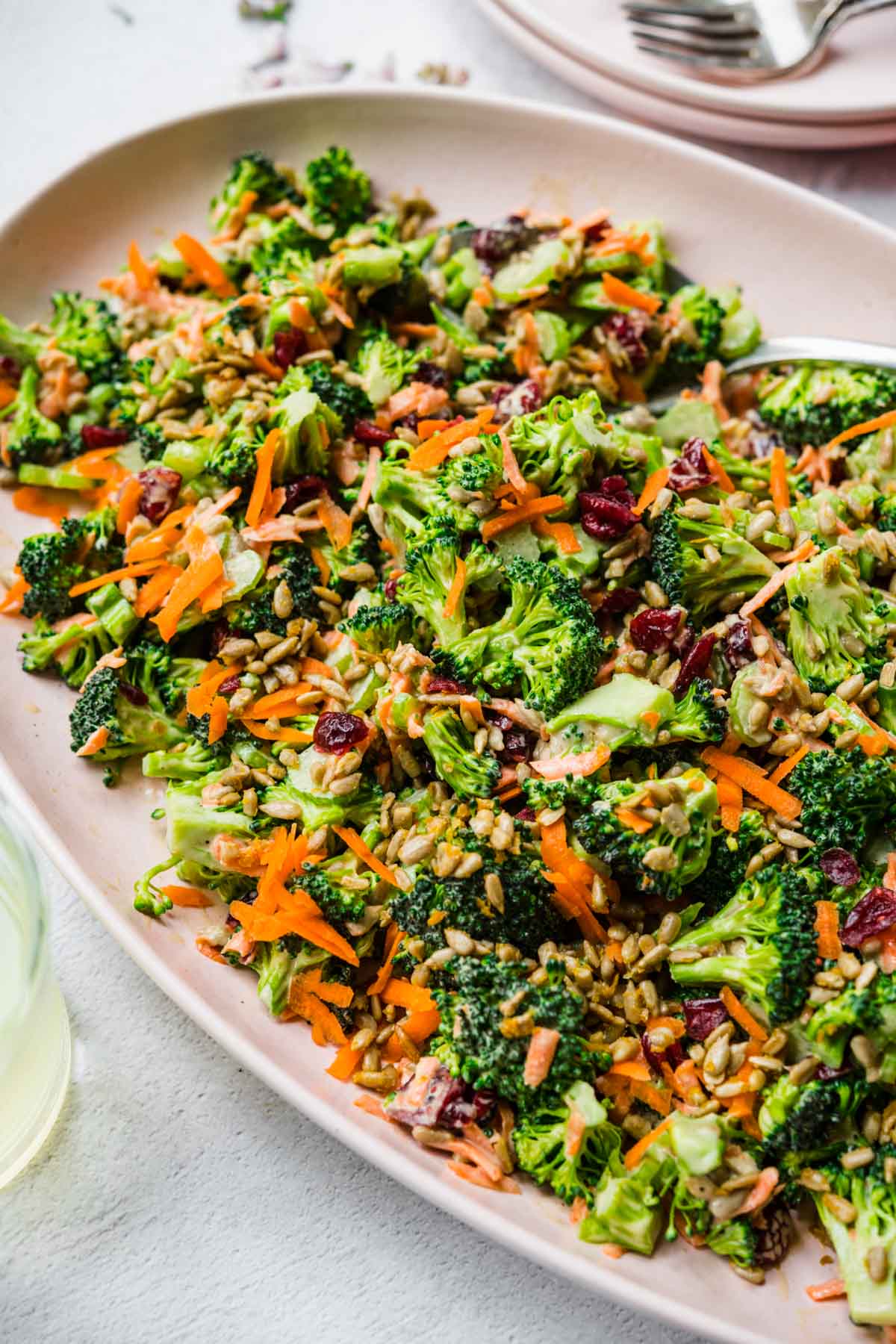 close up side view of vegan broccoli salad with cranberries and sunflower seeds on light pink platter. 