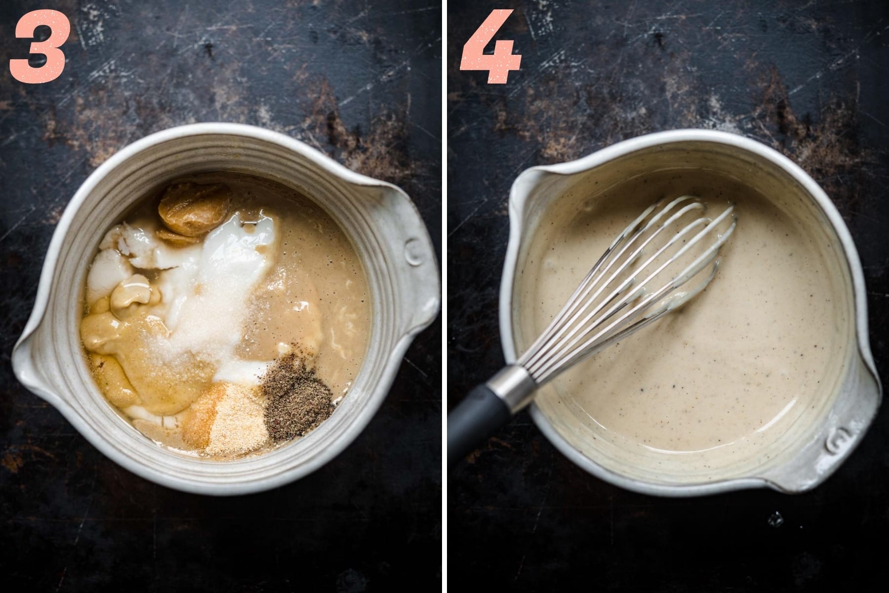 before and after whisking together ingredients for tahini mayo dressing. 