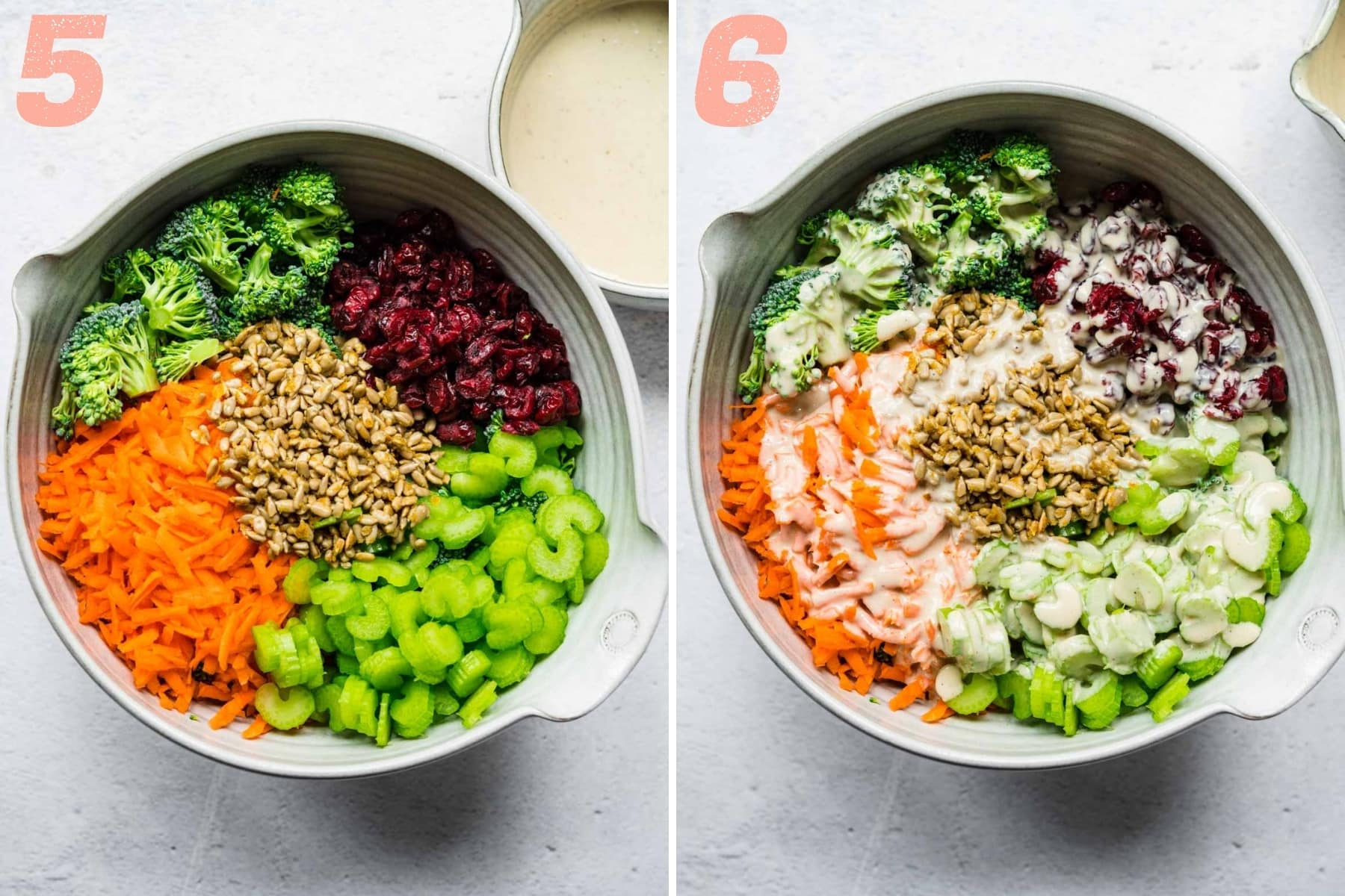 before and after adding dressing to vegan broccoli salad in a bowl. 