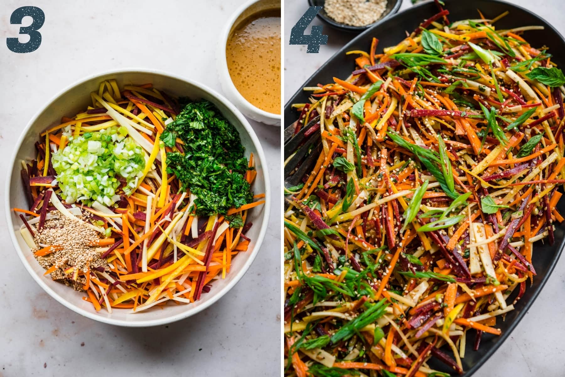 before and after mixing together ingredients for carrot sesame salad. 