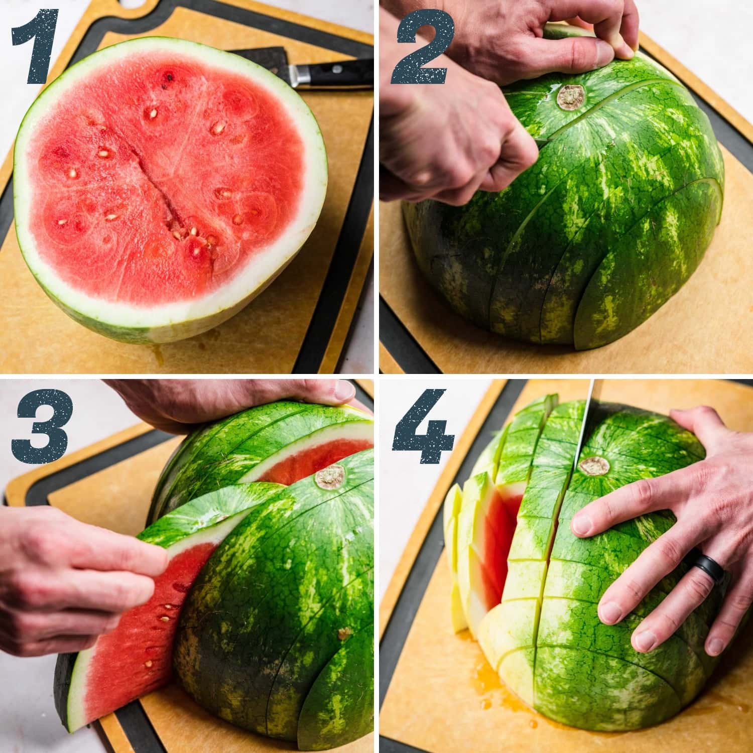 person slicing halved watermelon into cubes lengthwise and widthwise. 