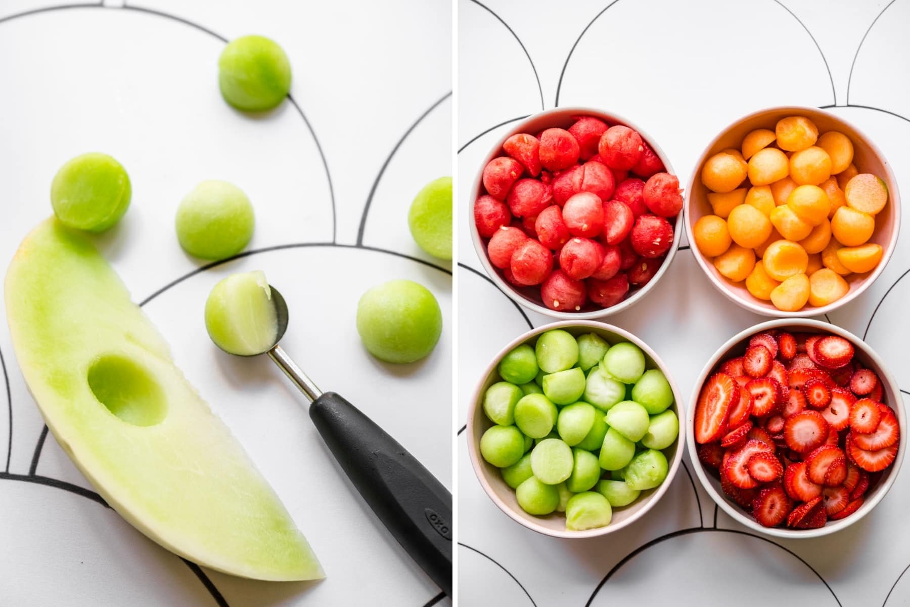 on the left: melon baller with honeydew. on the right: four bowls filled with watermelon, canteloupe, honeydew and strawberries. 