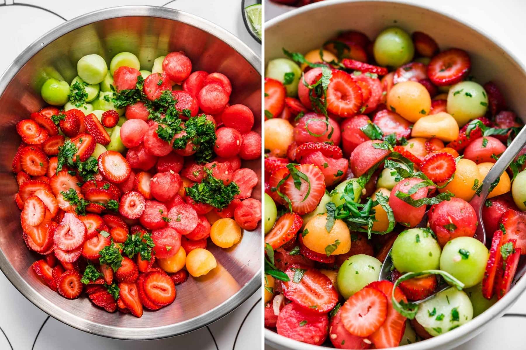 before and after stirring together ingredients for melon salad with strawberries and mint. 