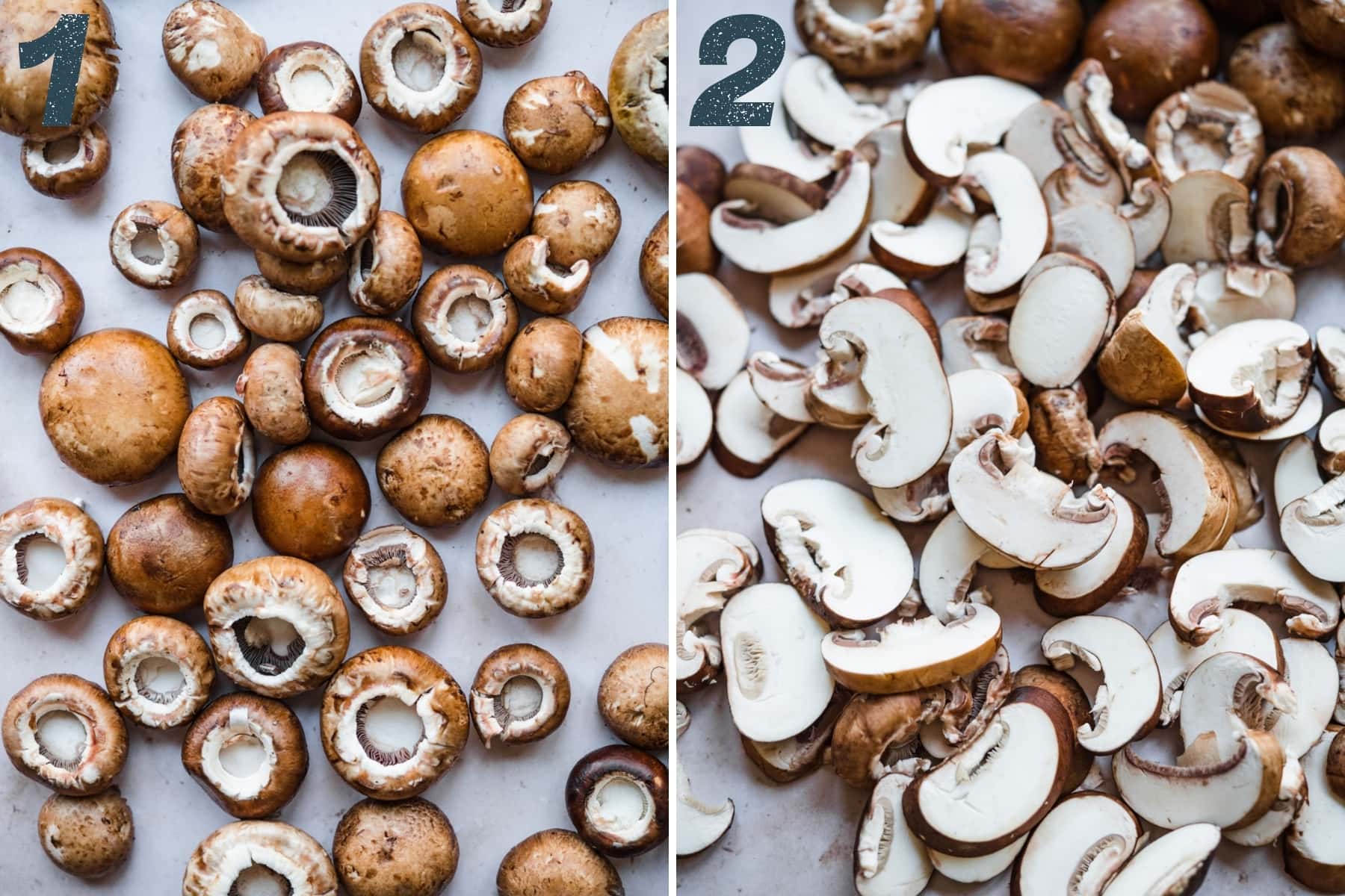 Cremini mushrooms before and after slicing. 