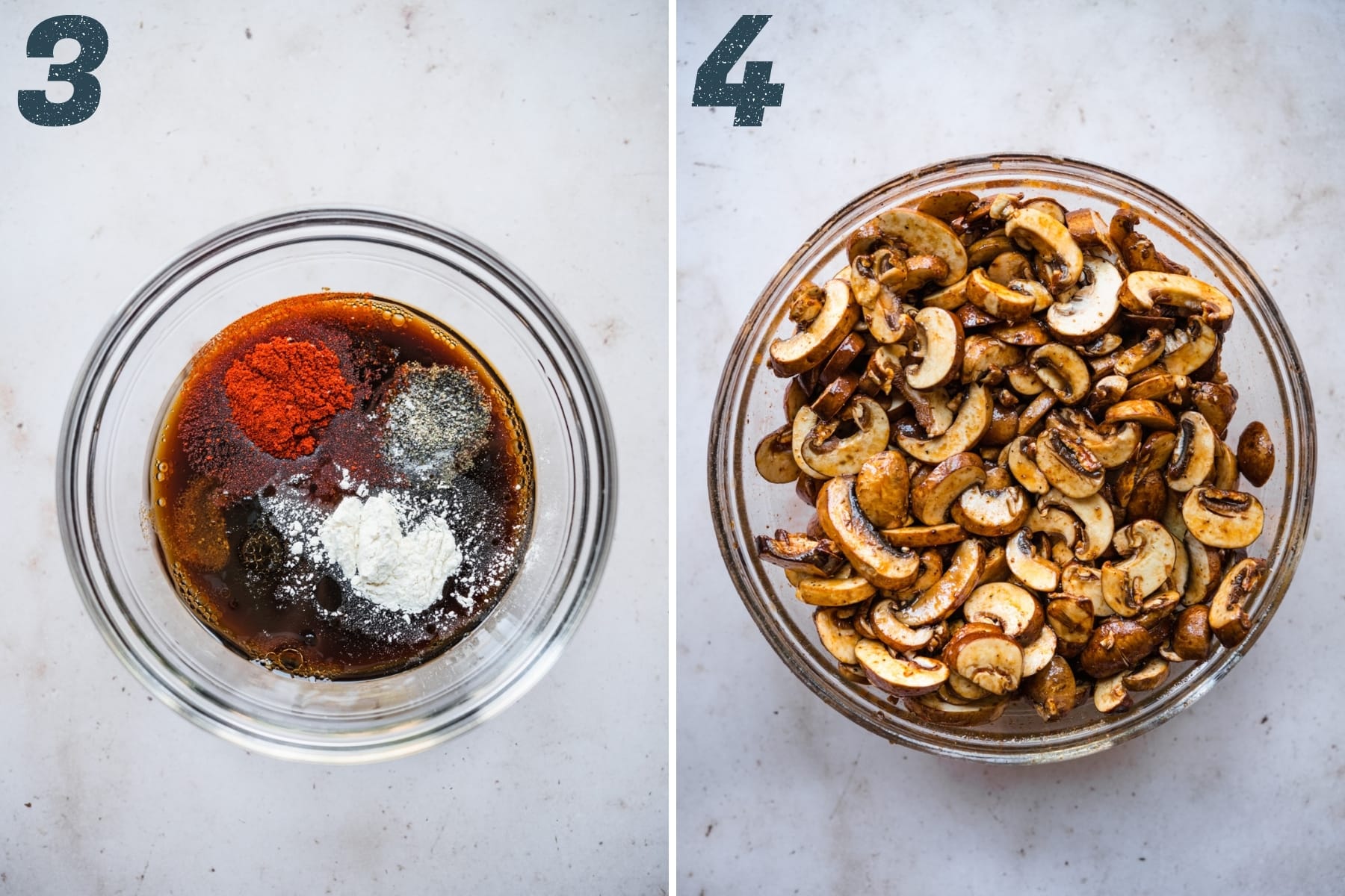 on the left: ingredients for soy sauce marinade for mushroom bacon. On the right: mushrooms tossed in marinade in bowl. 