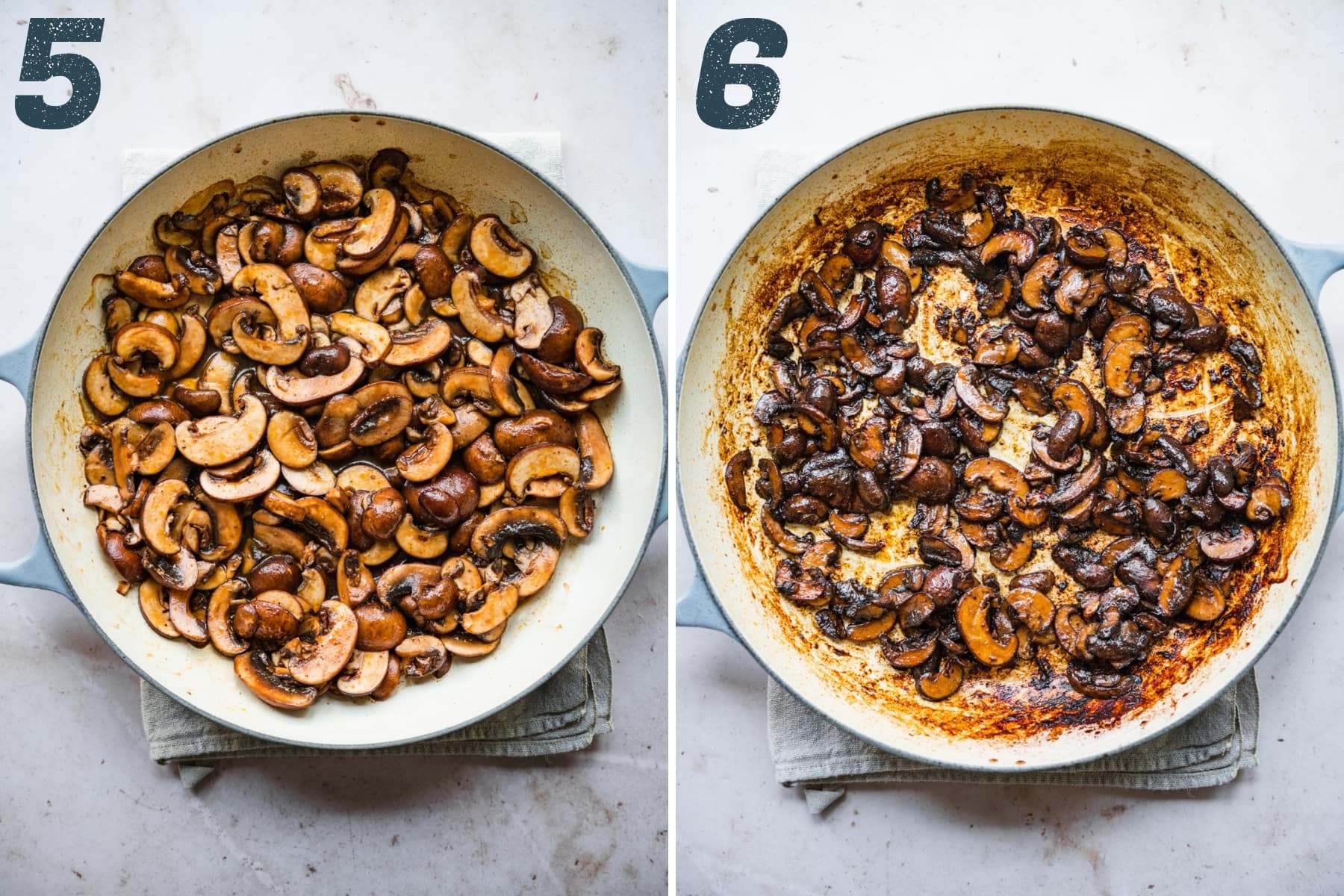 before and after cooking down mushroom bacon in sauté pan. 