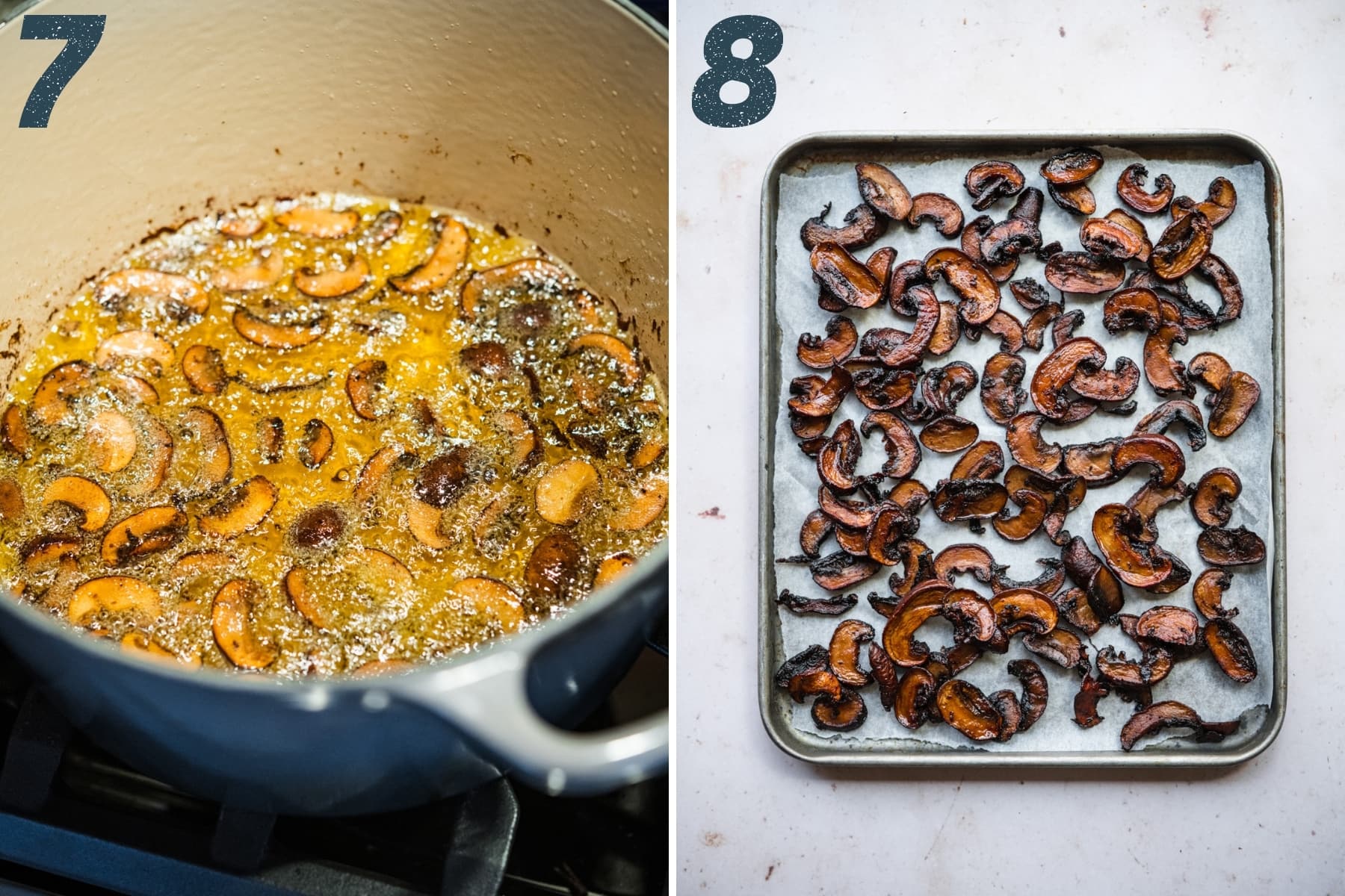 on the left: mushroom bacon deep frying in oil. on the right: mushroom bacon on a sheet pan with parchment paper. 