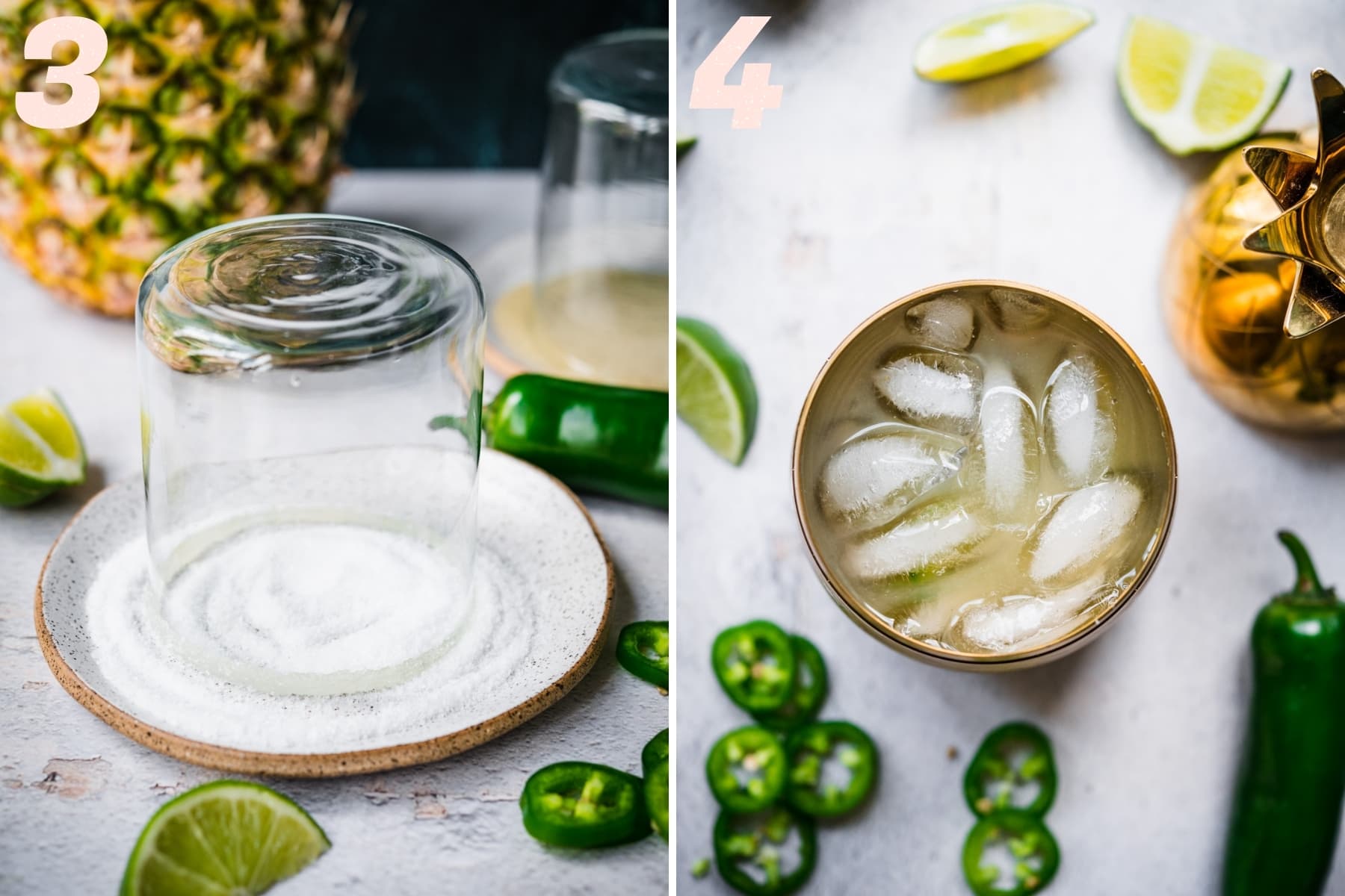 on the left: dipping cocktail glass in salt. on the right: ingredients for pineapple margarita in cocktail shaker. 