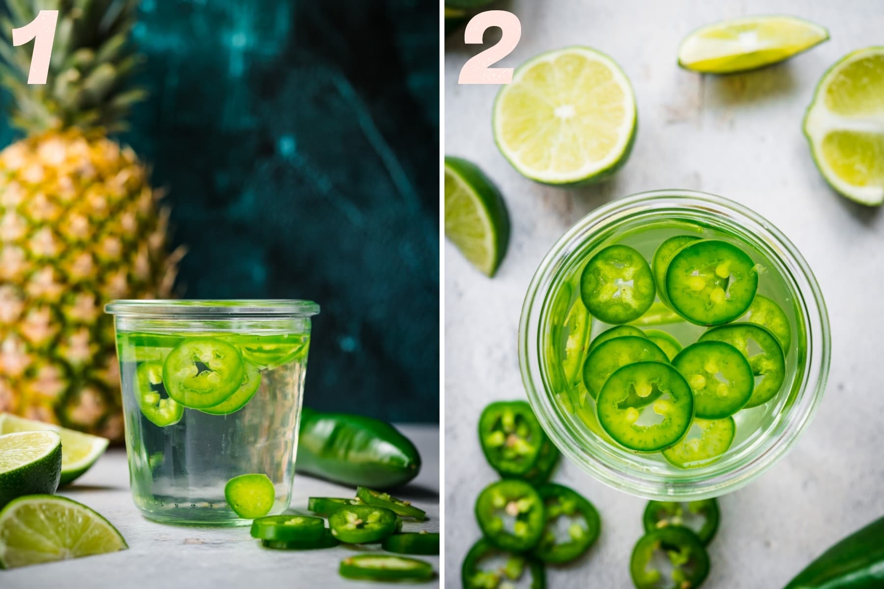 side view and overhead view of jalapeño infused tequila in a small jar. 