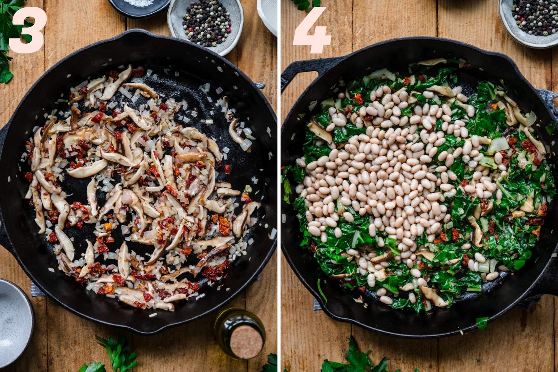 before and after adding white beans and greens to sautéed mushrooms and sun dried tomatoes. 