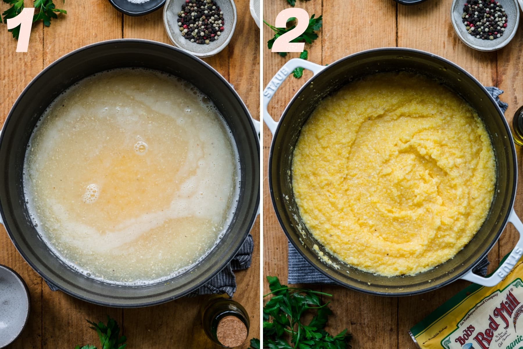 what polenta looks like before and after it's cooked in a large pot. 