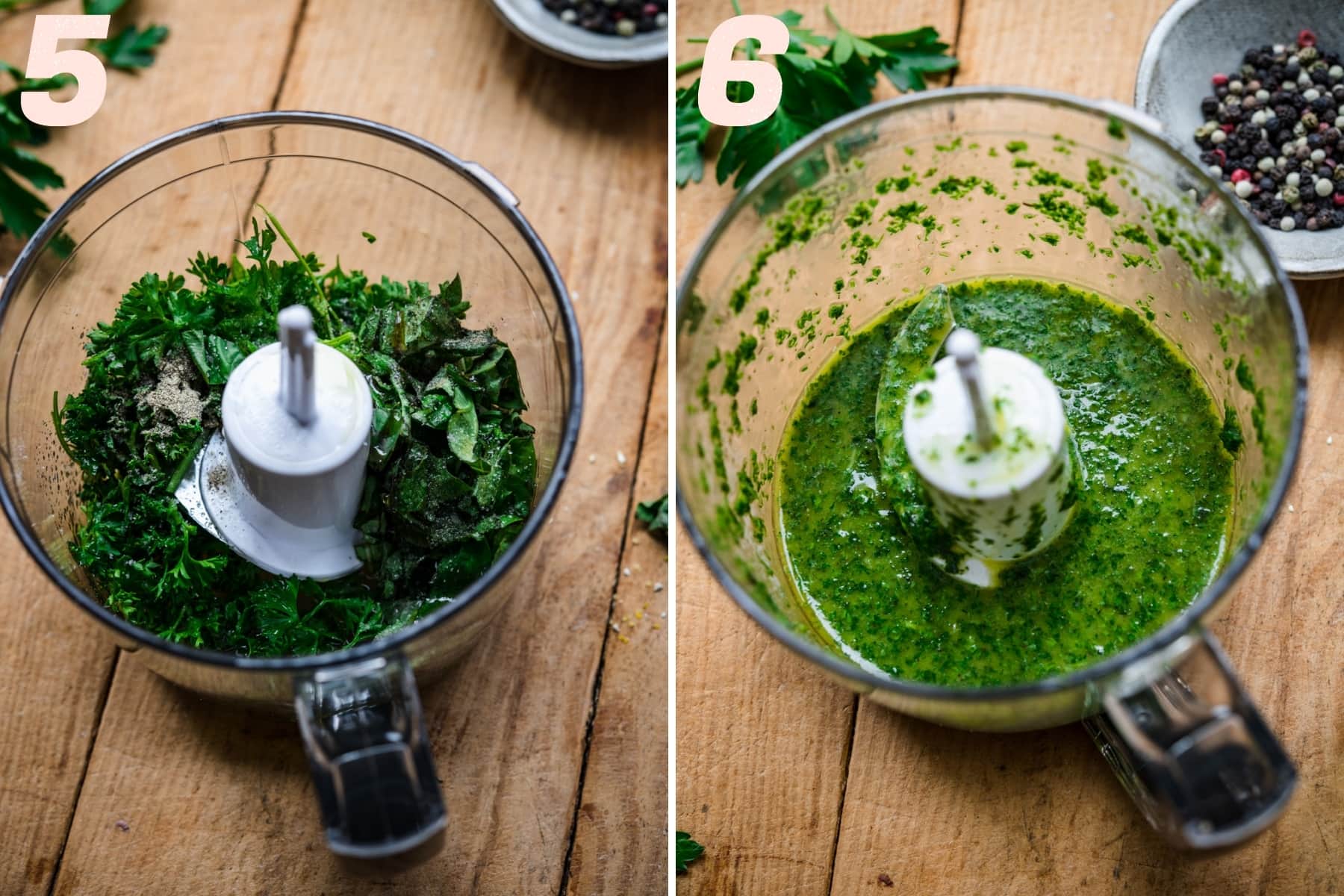 before and after blending herb oil in food processor. 