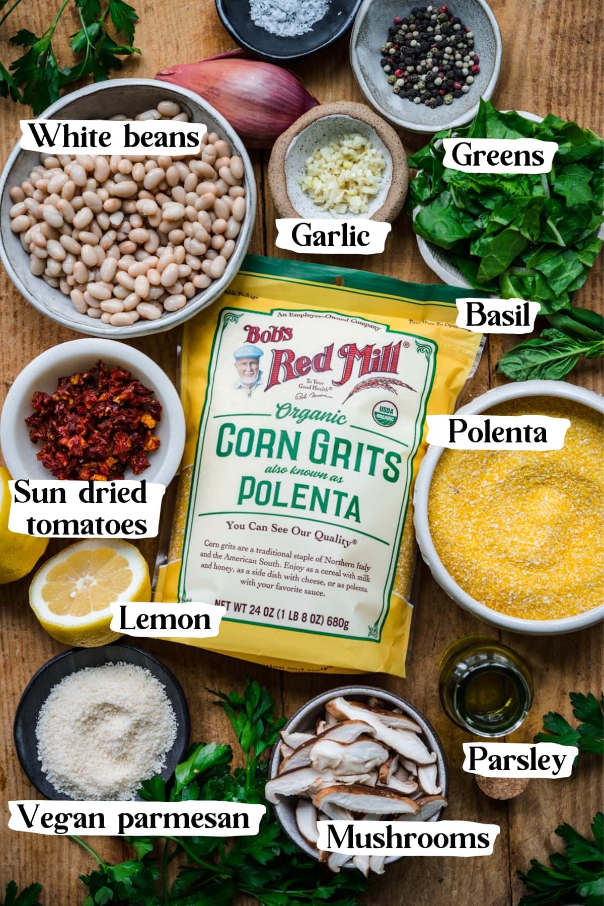 overhead view of ingredients for vegan polenta with vegetables and white beans. 