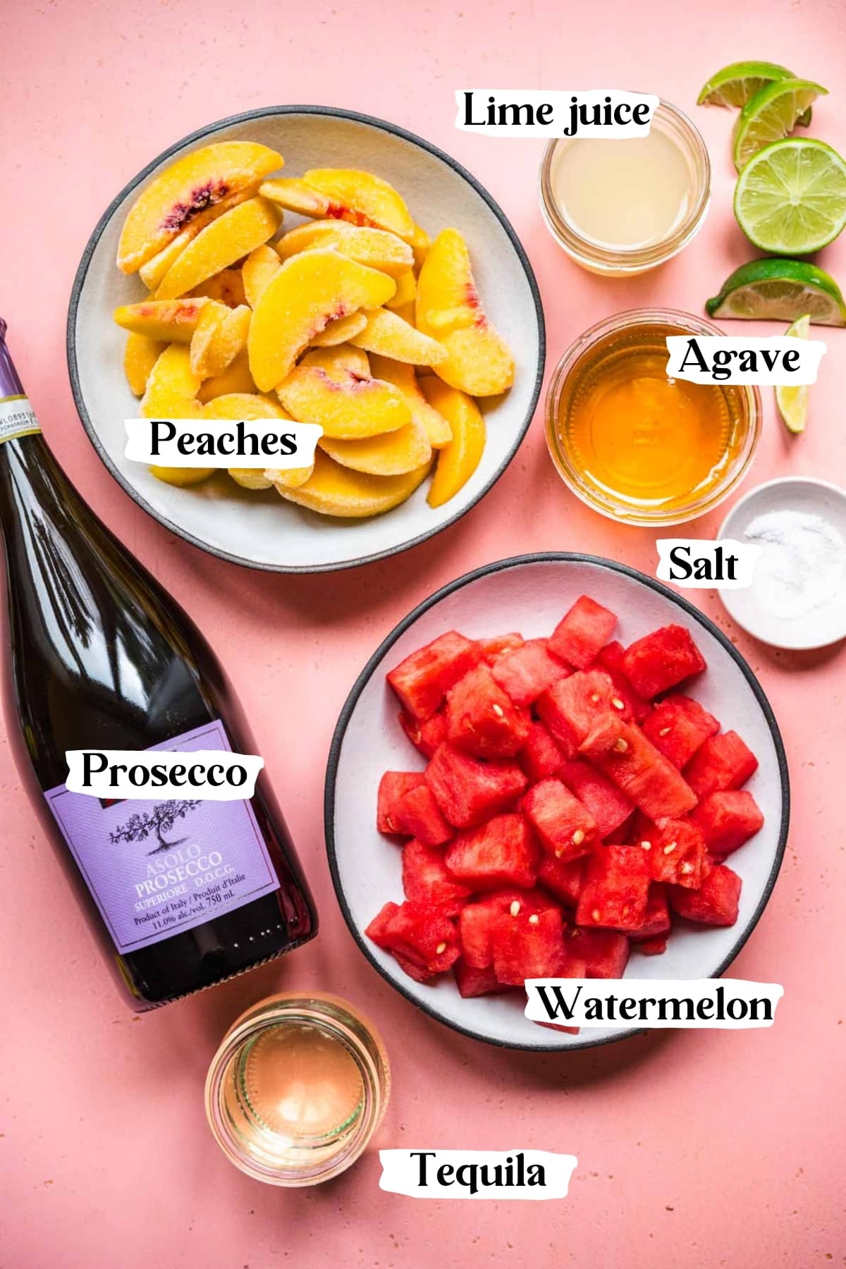 overhead view of peaches, watermelon cubes, prosecco bottle and other ingredients for popsicles. 