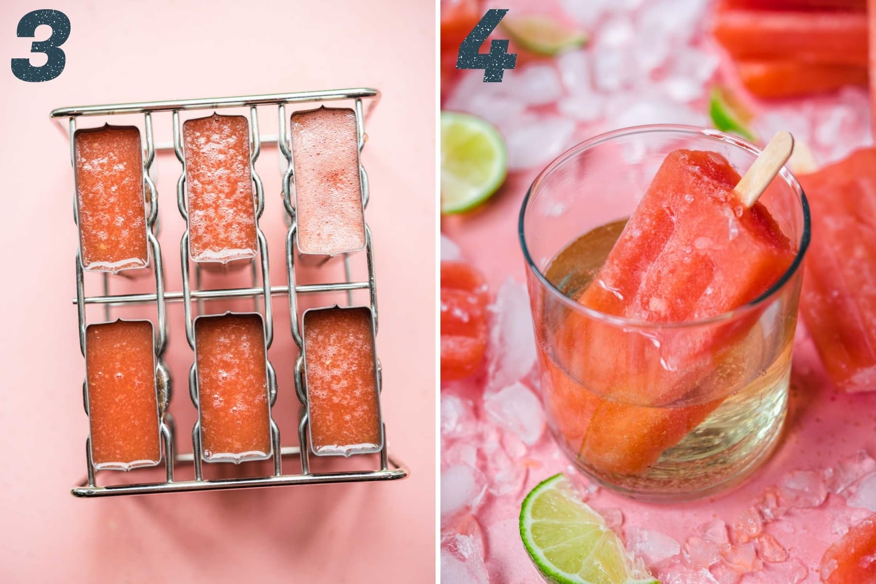 on the left: watermelon prosecco popsicles in popsicle holders before freezing. On the right: popsicle in a glass of prosecco. 