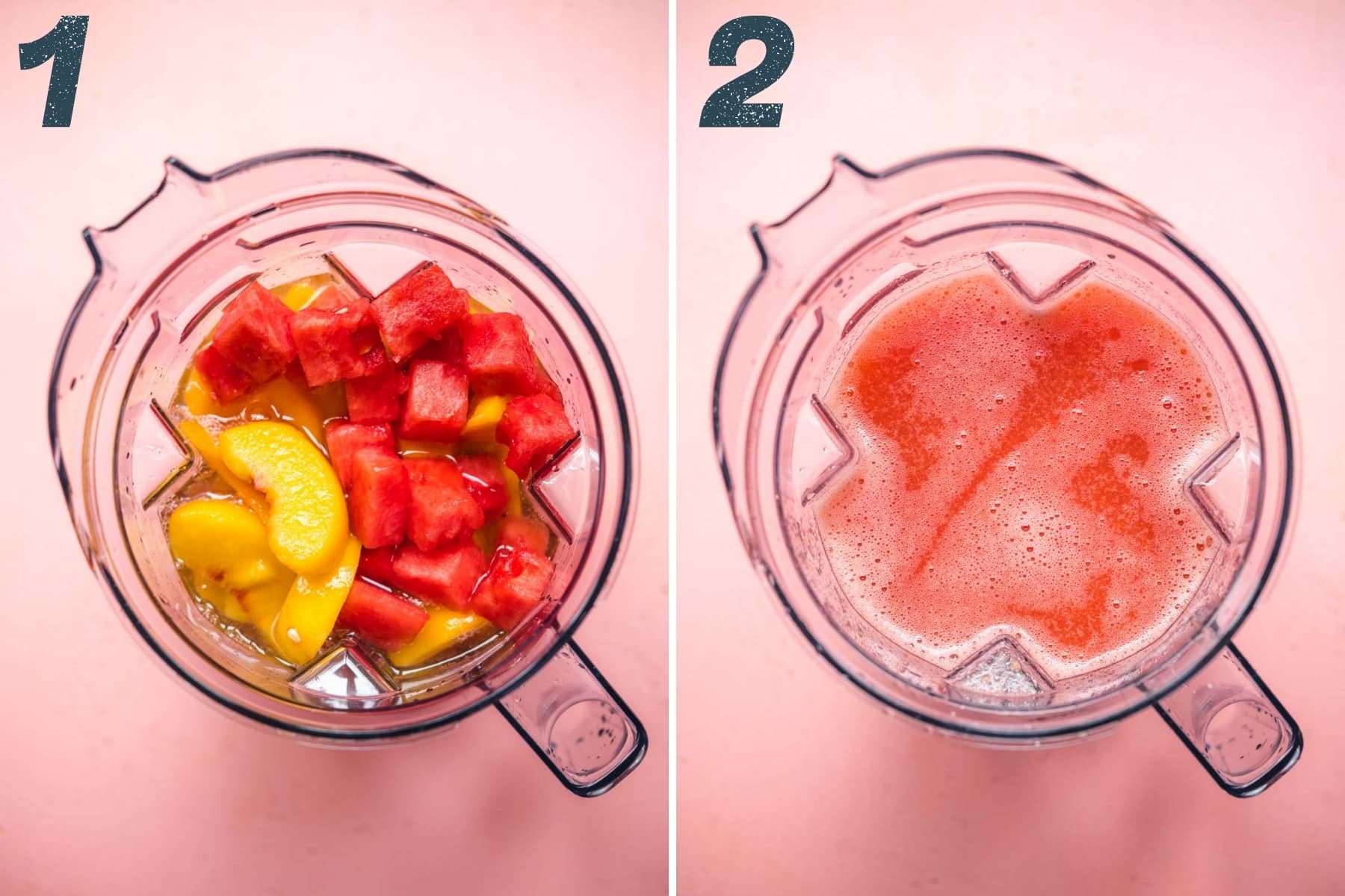 before and after blending ingredients for watermelon peach prosecco popsicles. 