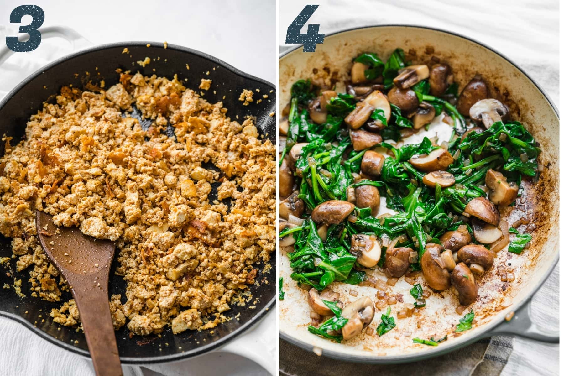 on the left: crispy crumbled tofu in pan. on the right: sauteed mushrooms and kale in pan. 