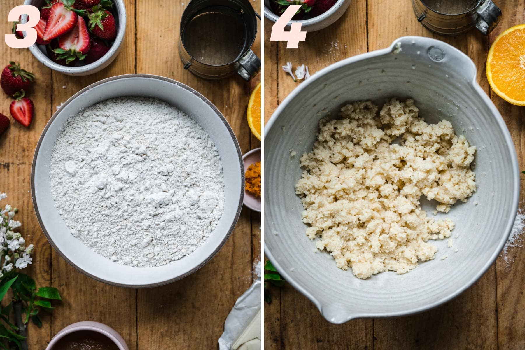 on the left: dry ingredients mixed together in a bowl. on the right: butter and sugar in mixing bowl. 