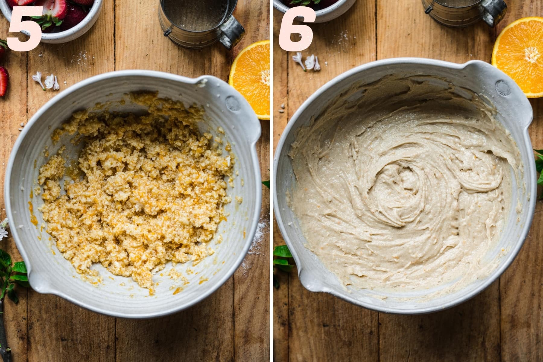 before and after adding dry ingredients to strawberry muffin batter. 