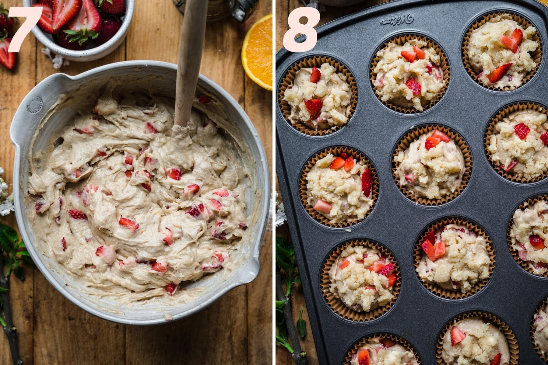 on the left: vegan strawberry muffin batter in mixing bowl. on the right: vegan strawberry muffin batter in muffin tins. 