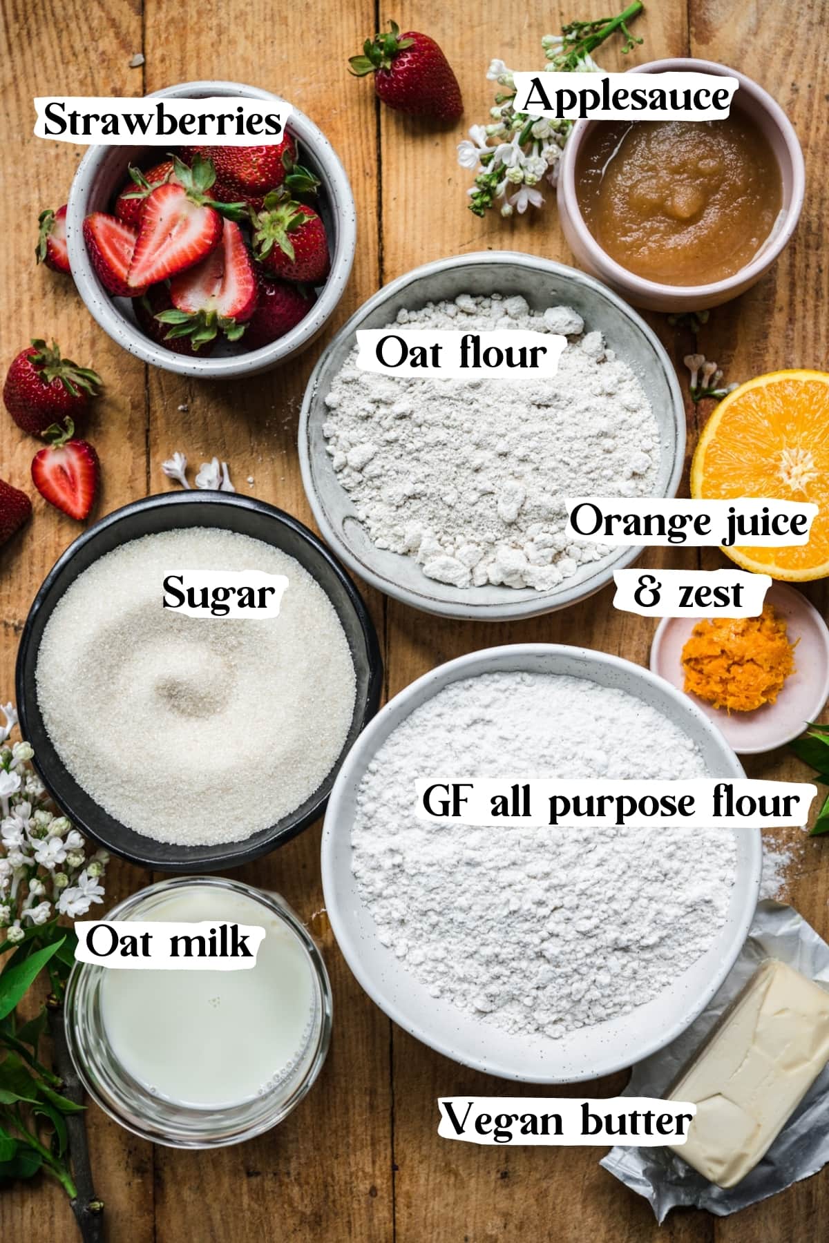 overhead view of ingredients for vegan strawberry muffins. 