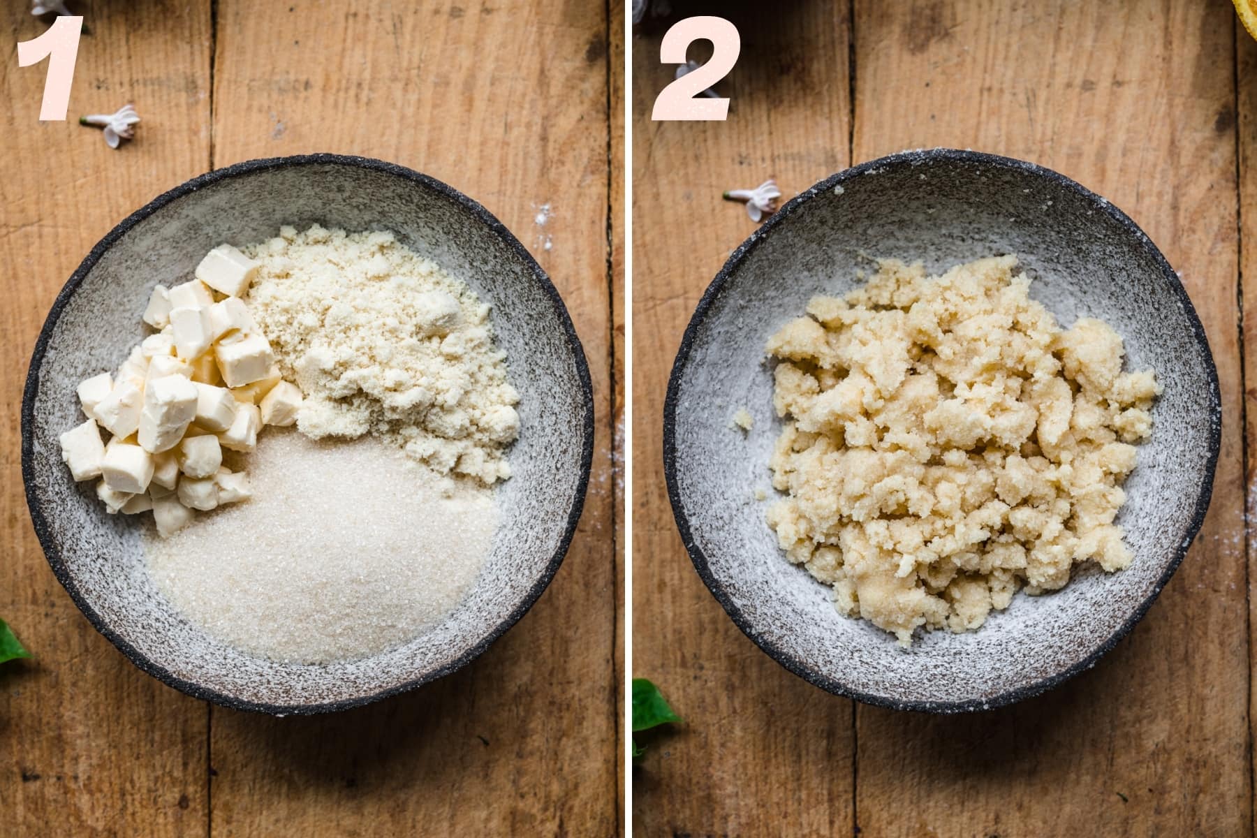 before and after mixing together ingredients for streusel in small bowl.