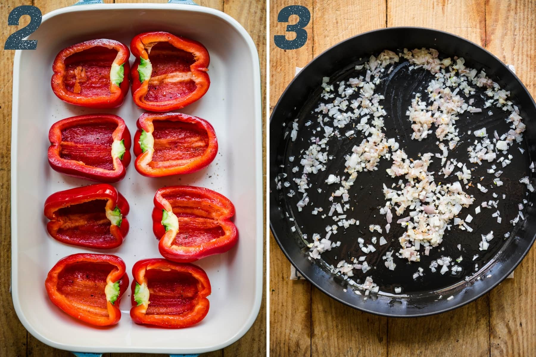 on the left: red bell peppers sliced in half in baking dish. on the right: sautéed shallots and garlic in large skillet. 