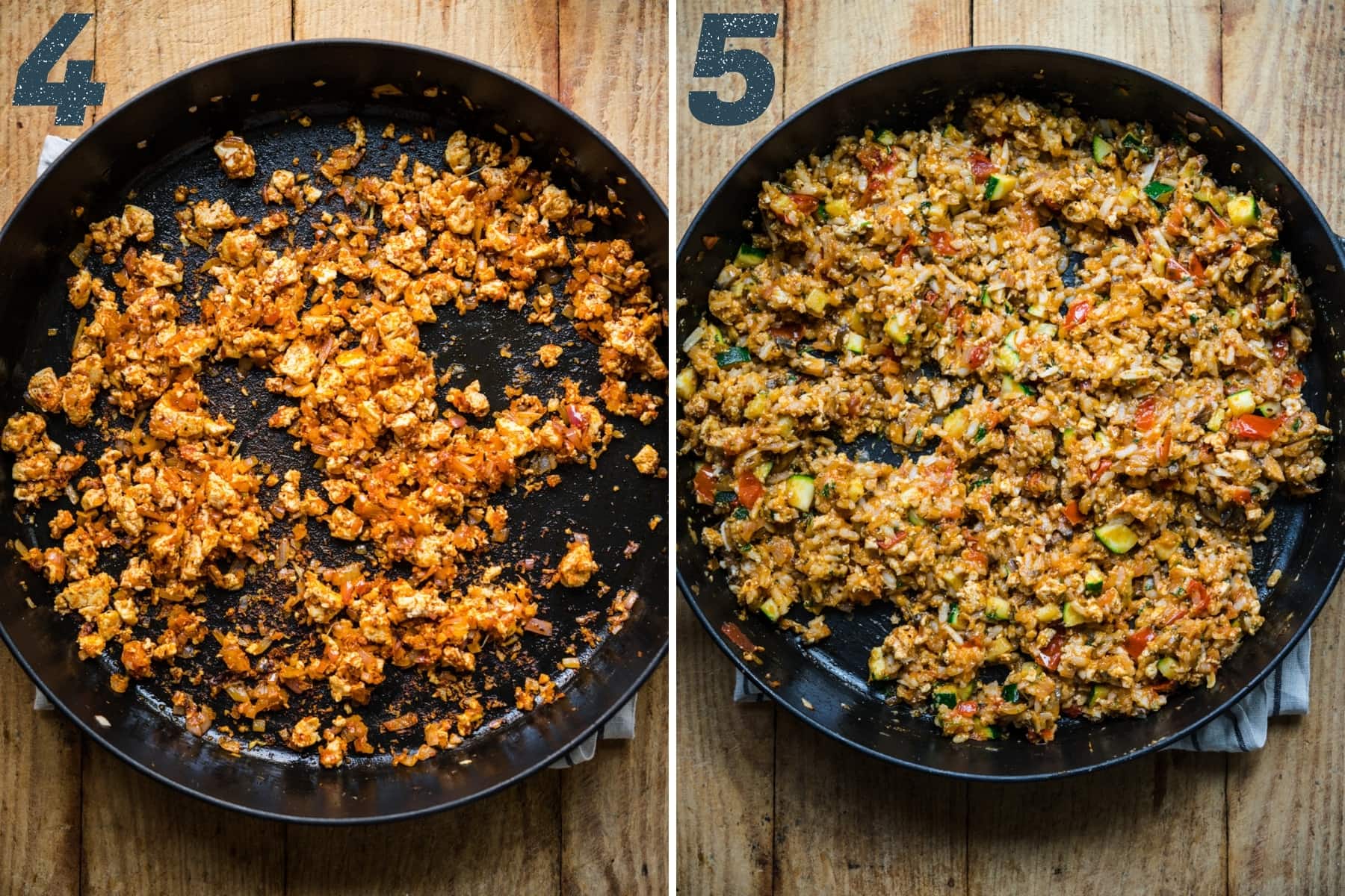 before and after adding risotto rice and vegetables to tofu filling for stuffed peppers. 