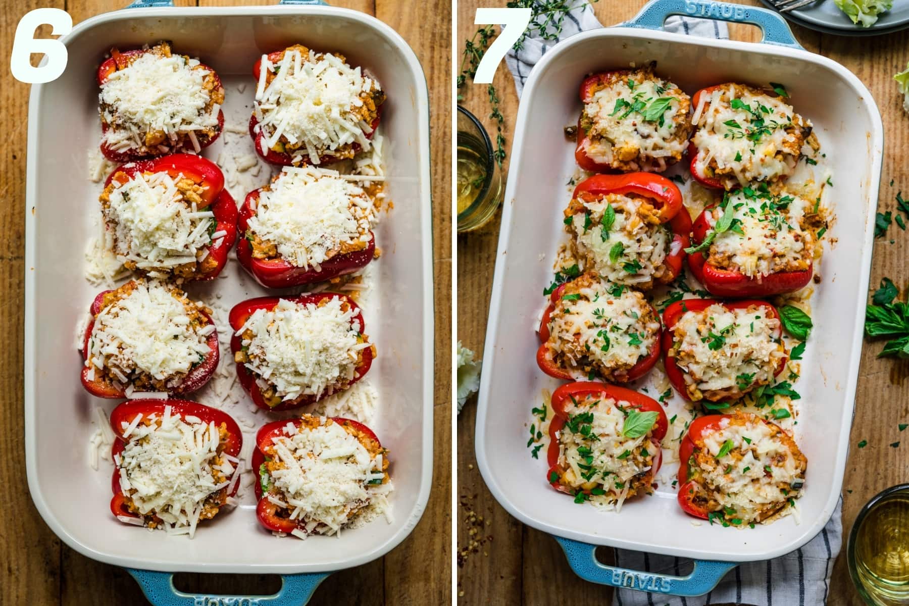 overhead view of stuffed peppers in a baking dish before and after baking.
